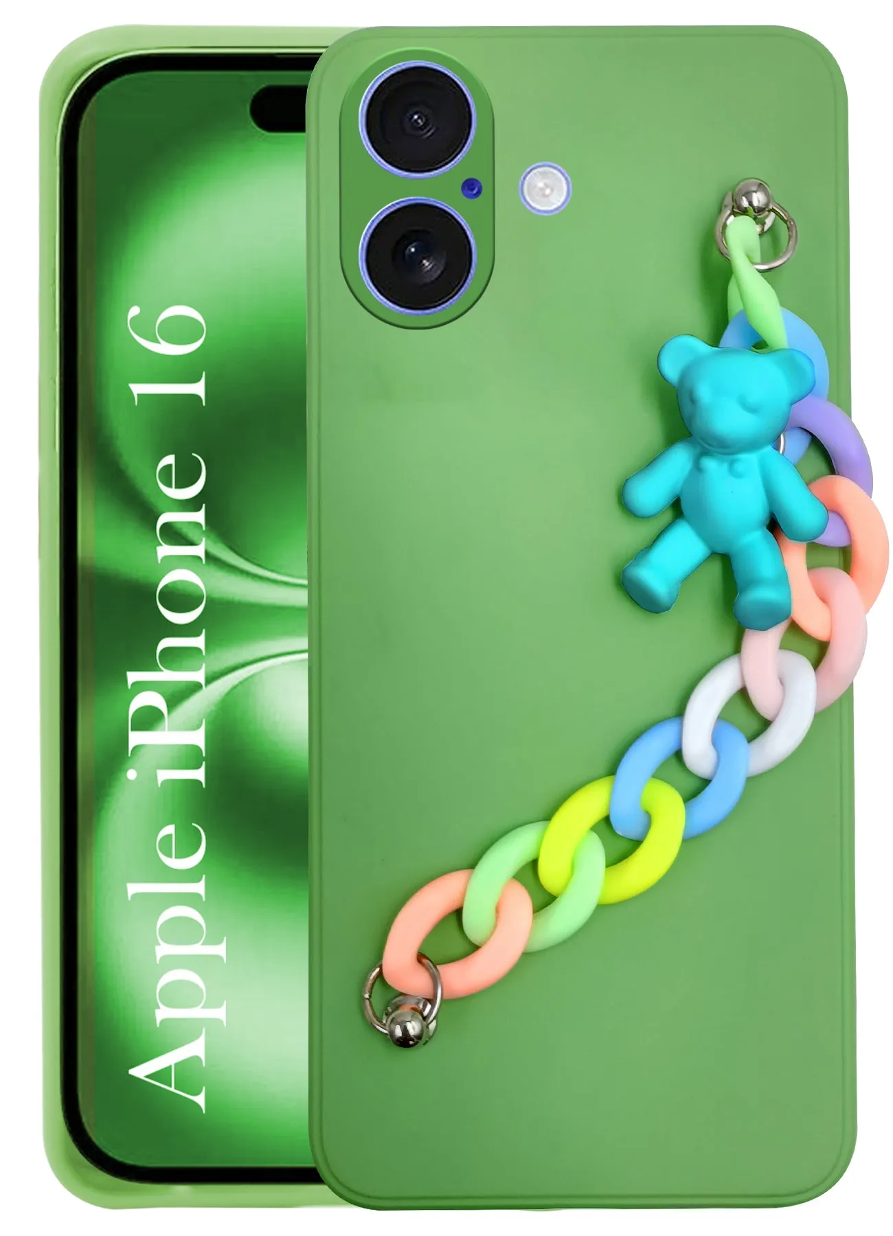 Soft Edge Urban Accessory For Apple iPhone 16 Girls Case Cover with Bracelet (Wrist Hanging Chain | Teddy Toy Cartoon)