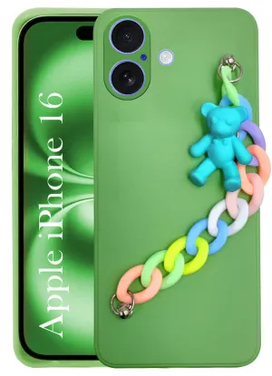 Soft Edge Urban Accessory For Apple iPhone 16 Girls Case Cover with Bracelet (Wrist Hanging Chain | Teddy Toy Cartoon)