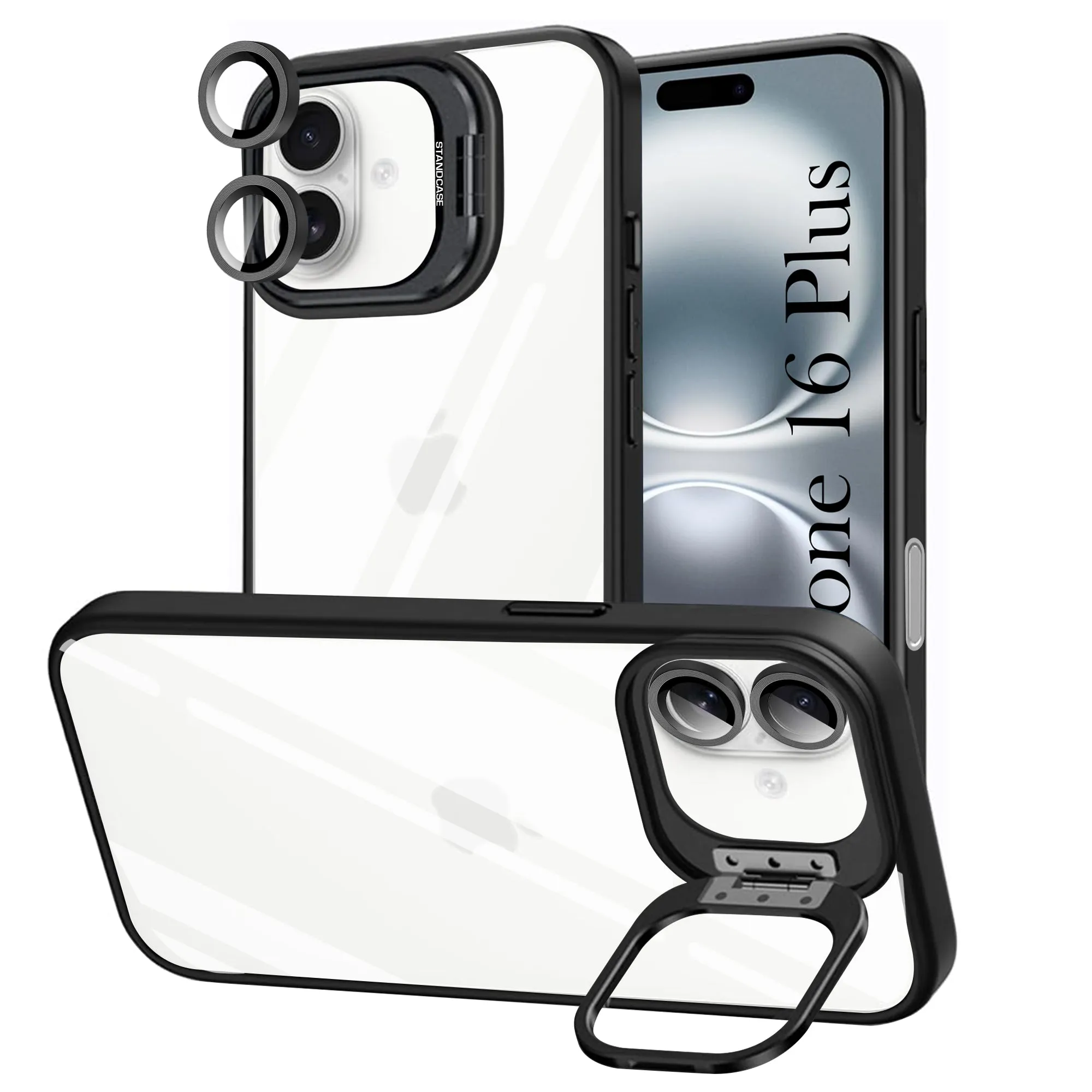 For Apple iPhone 16 Plus Back Cover Case (Camera Lens Glass | Metal Stand Holder | Shockproof Hybrid | Anti Yellow) Modern Function Sleek Surface