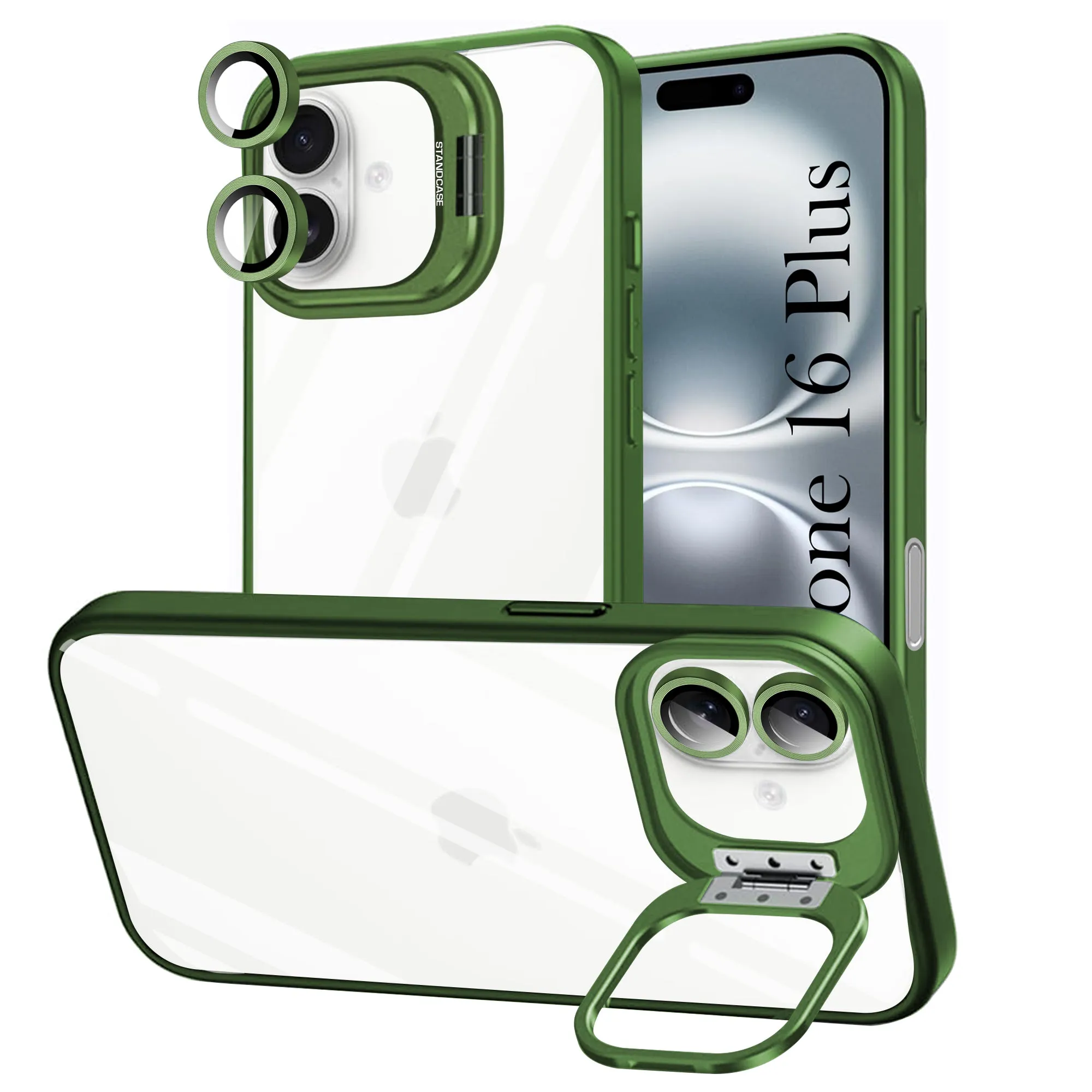 For Apple iPhone 16 Plus Back Cover Case (Camera Lens Glass | Metal Stand Holder | Shockproof Hybrid | Anti Yellow) Unique Artwork