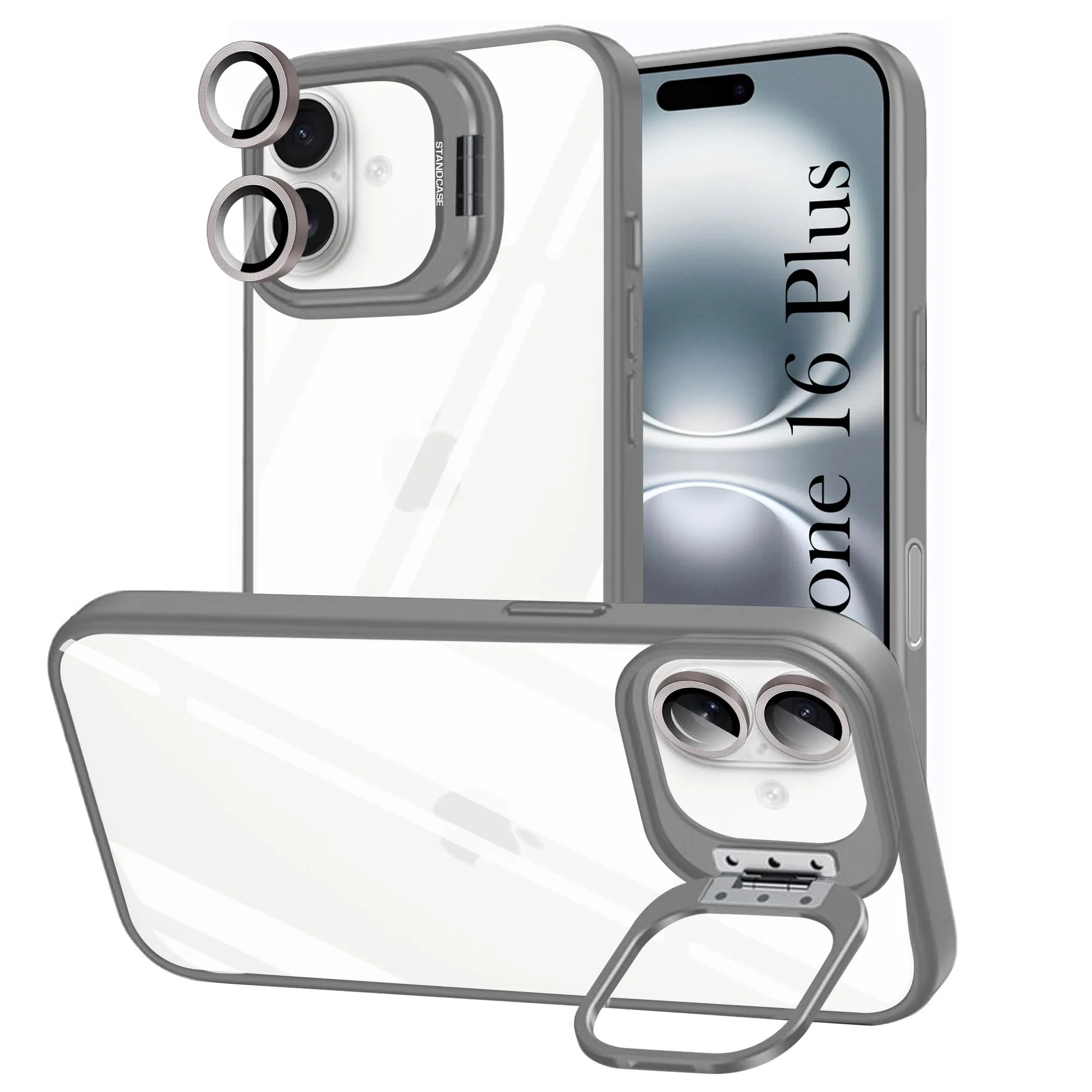 Shock Absorber For Apple iPhone 16 Plus Back Cover Case (Camera Lens Glass | Metal Stand Holder | Shockproof Hybrid | Anti Yellow)