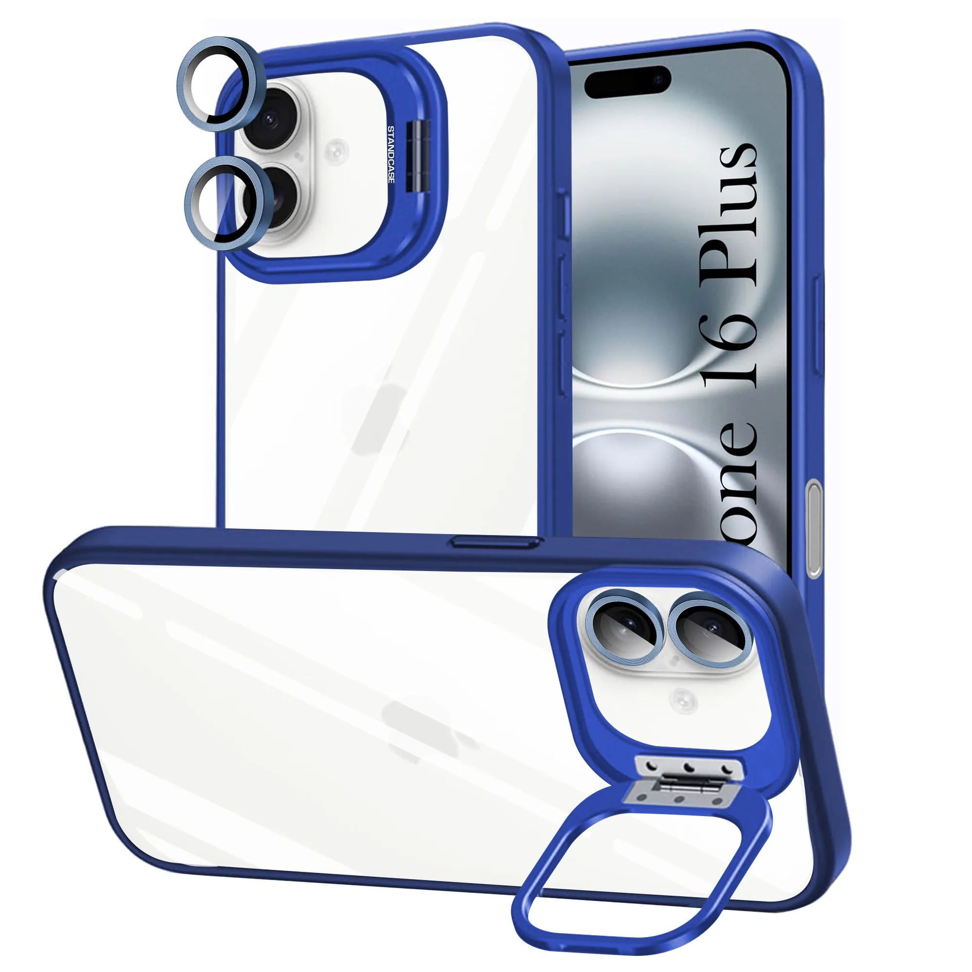 For Apple iPhone 16 Plus Back Cover Case (Camera Lens Glass | Metal Stand Holder | Shockproof Hybrid | Anti Yellow) Anti scratch