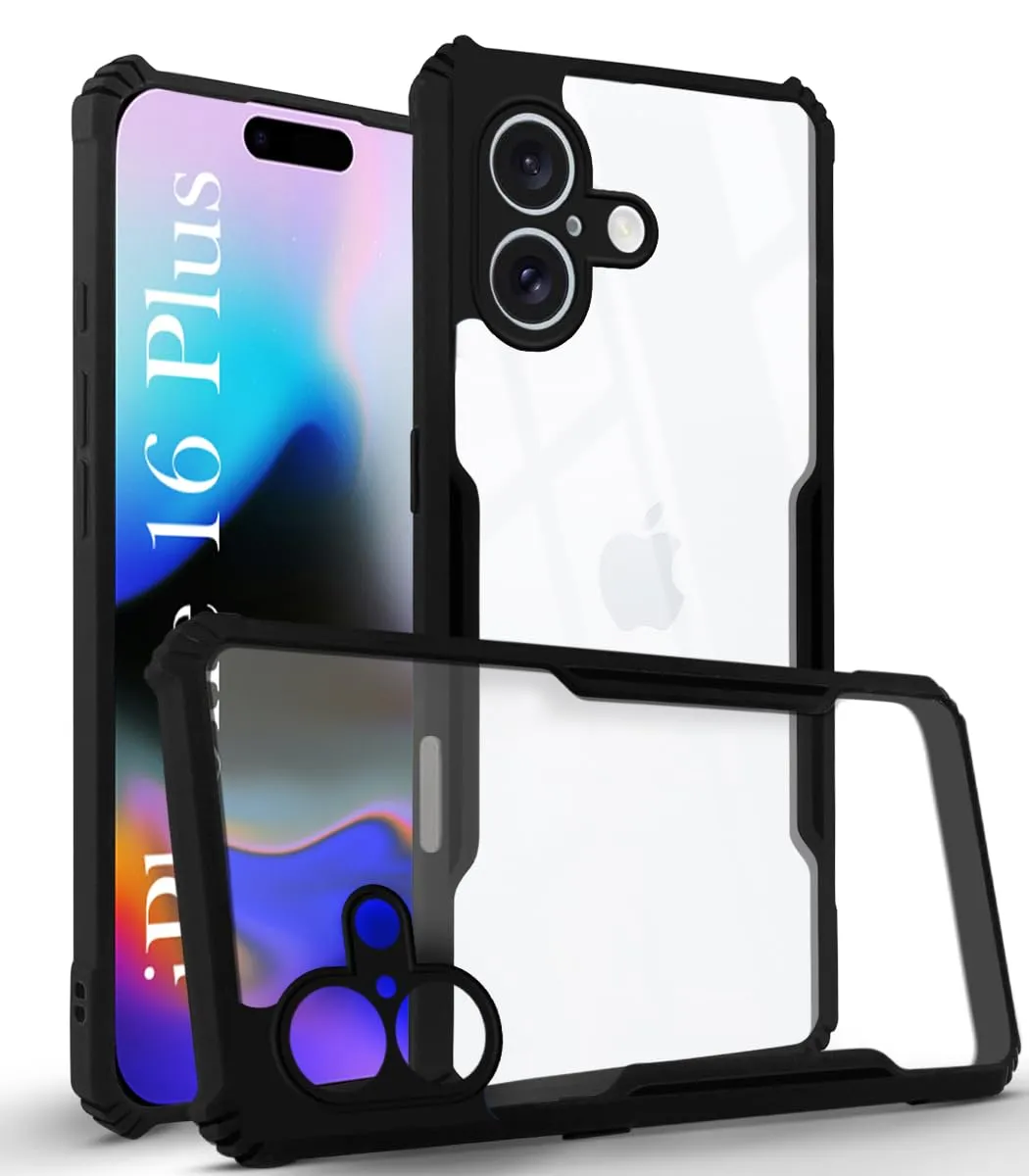 For Apple iPhone 16 Plus Back Cover Case (Polycarbonate Clear Panel with Shockproof | Black) Practical Look Soft Frame