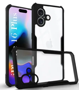 For Apple iPhone 16 Plus Back Cover Case (Polycarbonate Clear Panel with Shockproof | Black) Practical Look Soft Frame