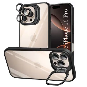 Protective Fit For Apple iPhone 16 Pro Back Cover Case (Camera Lens Glass | Metal Stand Holder | Shockproof Hybrid | Anti Yellow)