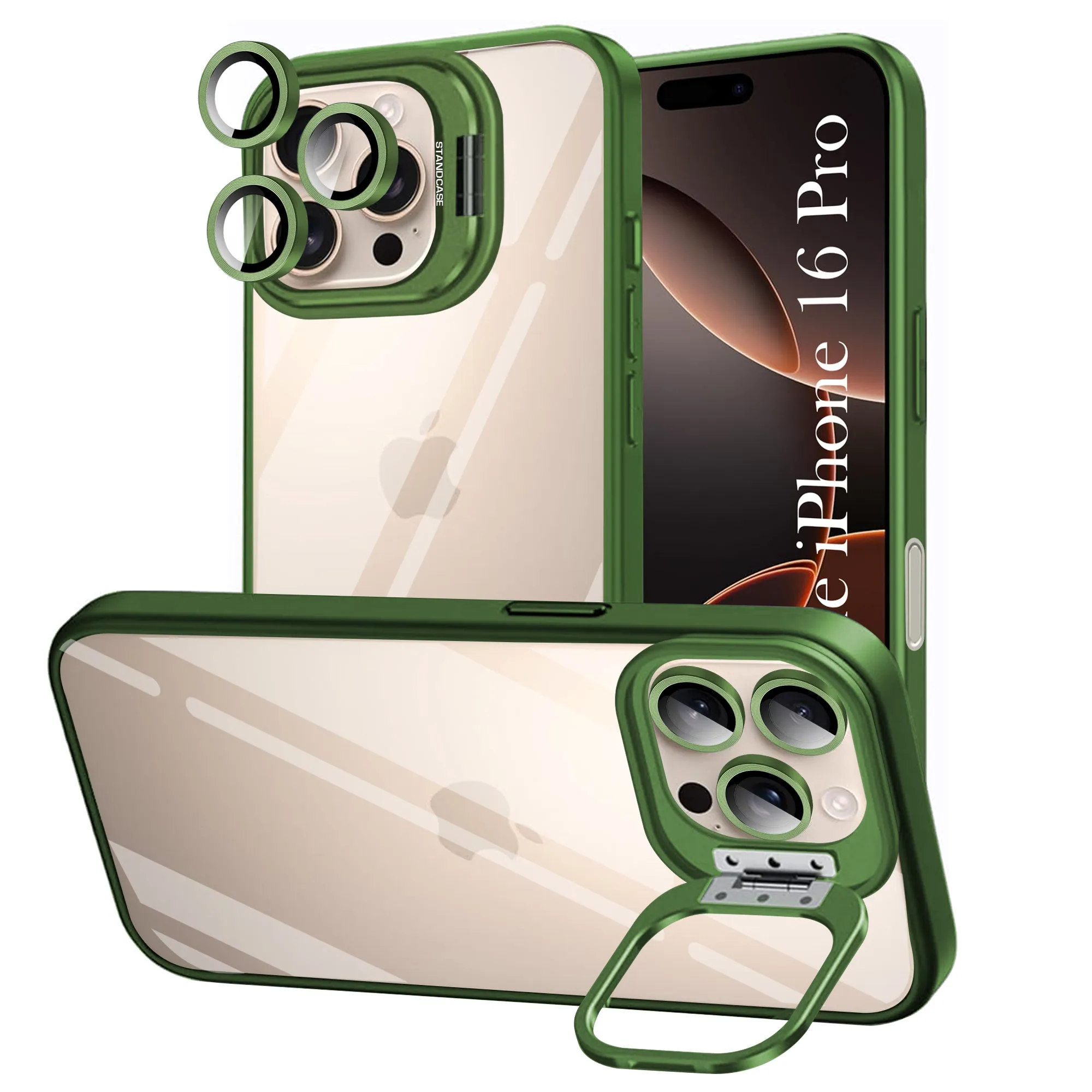 Stylish Detailing Trendy Accessory For Apple iPhone 16 Pro Back Cover Case (Camera Lens Glass | Metal Stand Holder | Shockproof Hybrid | Anti Yellow)