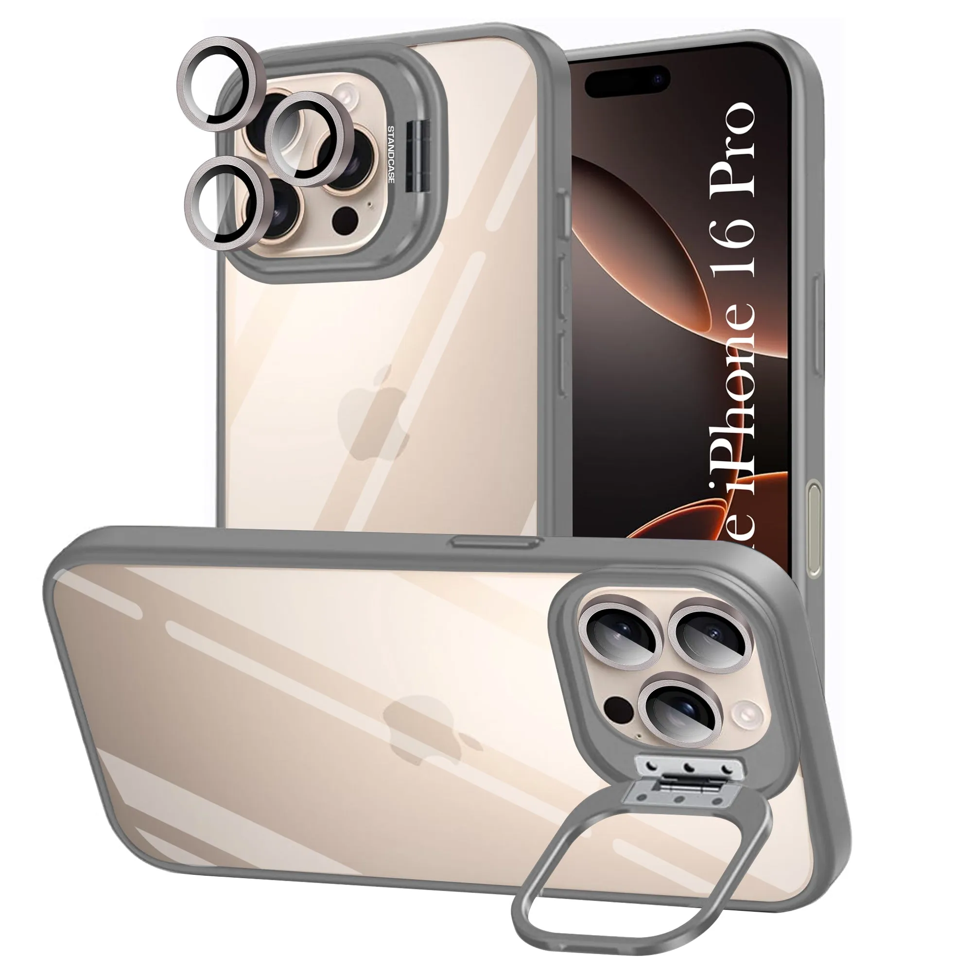 For Apple iPhone 16 Pro Back Cover Case (Camera Lens Glass | Metal Stand Holder | Shockproof Hybrid | Anti Yellow) Full Coverage Polished Touch