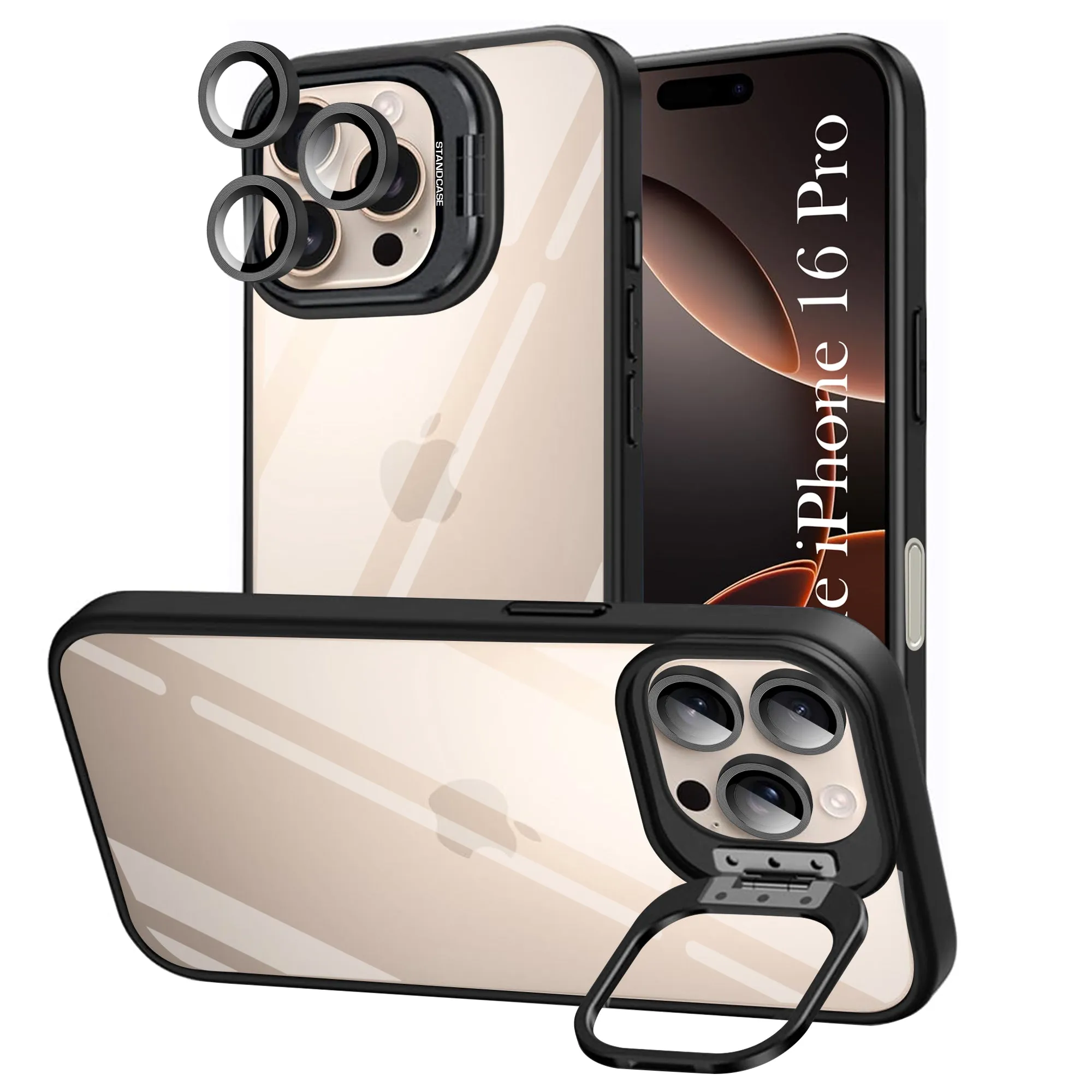 Protective Fit For Apple iPhone 16 Pro Back Cover Case (Camera Lens Glass | Metal Stand Holder | Shockproof Hybrid | Anti Yellow)