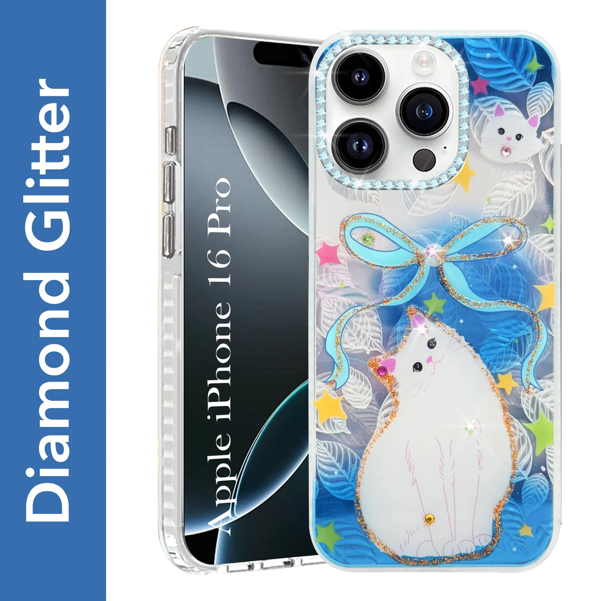 elegant design For Apple iPhone 16 Pro Back Cover Case (Luxury Floral Glitter Cute Butterfly | Diamond Studded Camera Bump | Girls & Women Design)