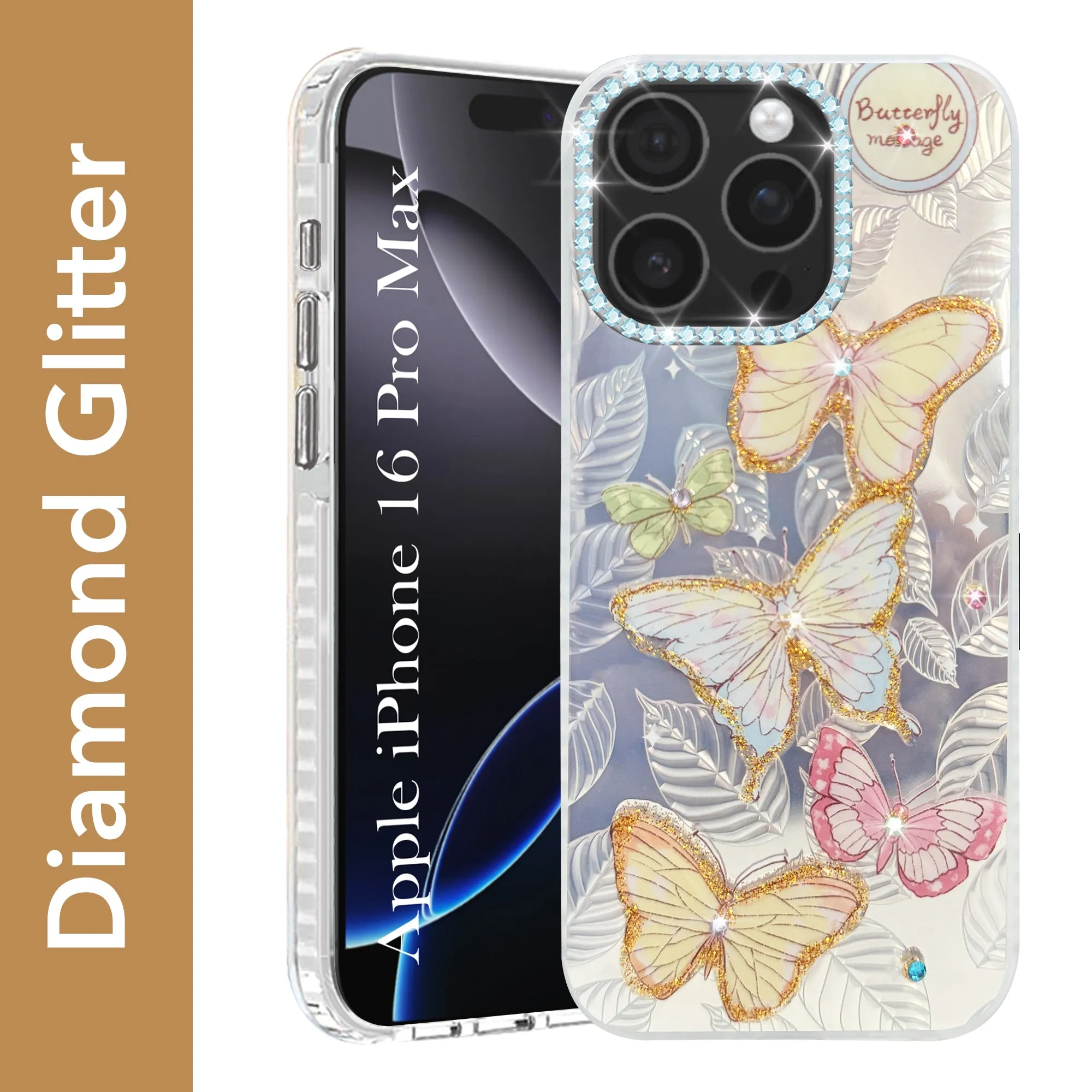Fashion Texture Glossy surface For Apple iPhone 16 Pro Back Cover Case (Luxury Floral Glitter Cute Butterfly | Diamond Studded Camera Bump | Girls & Women Design)