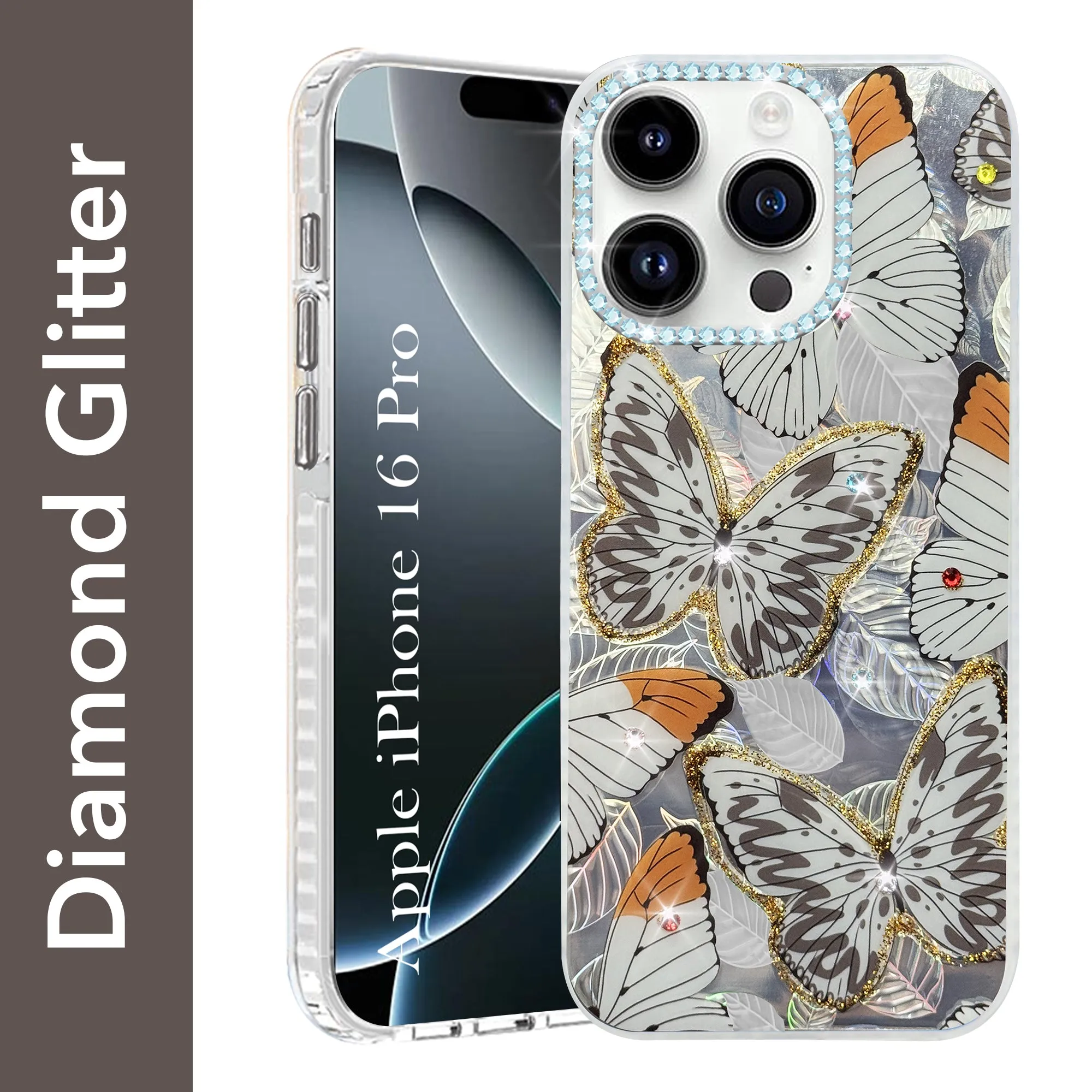 For Apple iPhone 16 Pro Back Cover Case (Luxury Floral Glitter Cute Butterfly | Diamond Studded Camera Bump | Girls & Women Design) Long Lasting