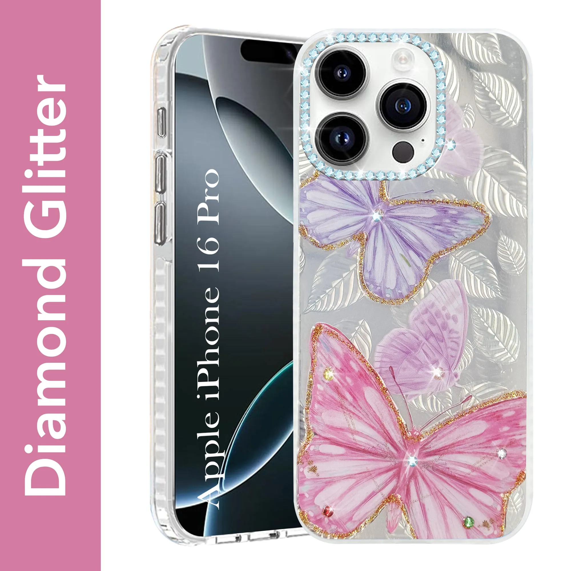 Ergonomic form Soft Cushion For Apple iPhone 16 Pro Back Cover Case (Luxury Floral Glitter Cute Butterfly | Diamond Studded Camera Bump | Girls & Women Design)