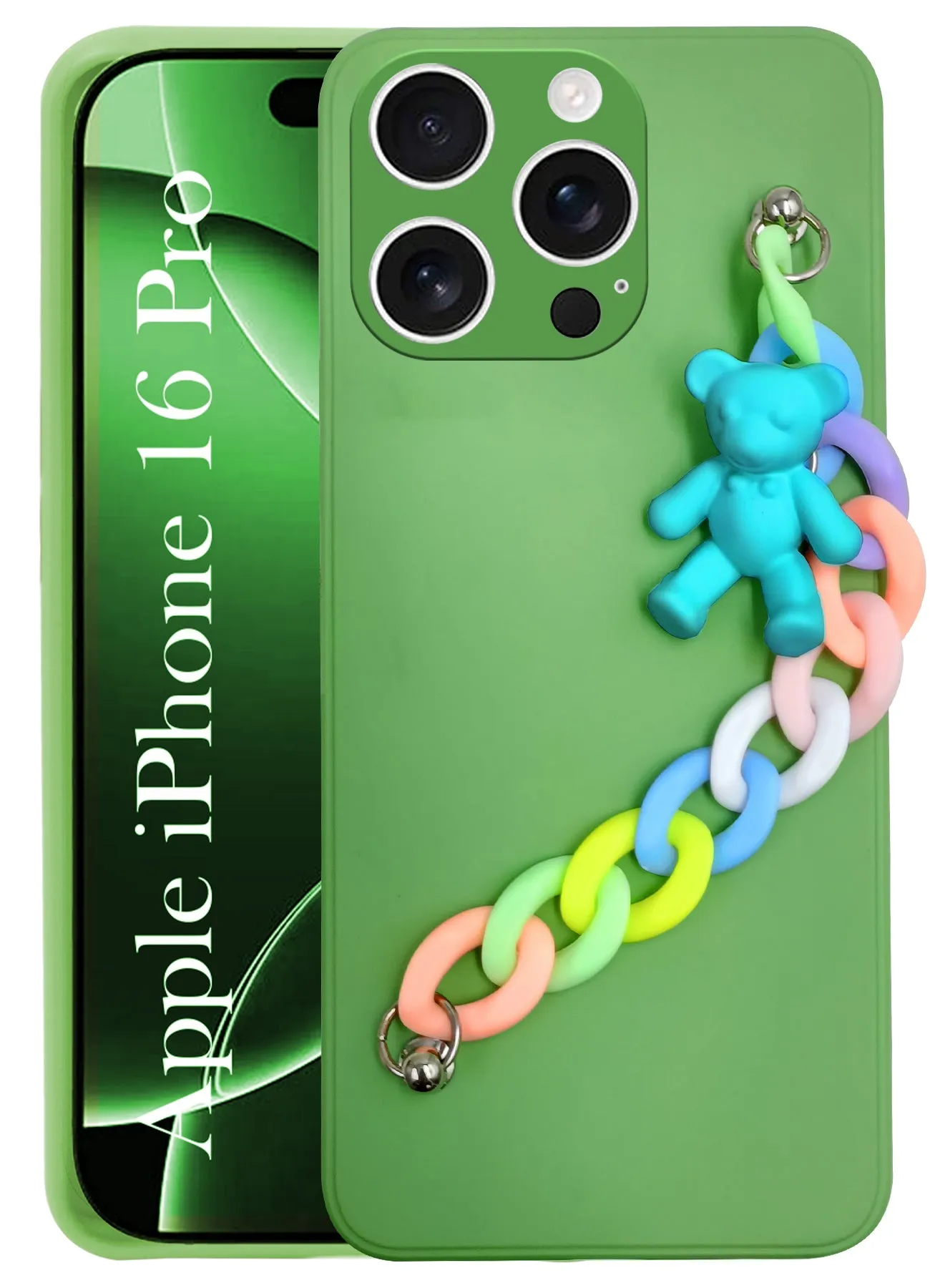 Casual Design Trendy Pattern For Apple iPhone 16 Pro Girls Case Cover with Bracelet (Wrist Hanging Chain | Teddy Toy Cartoon)