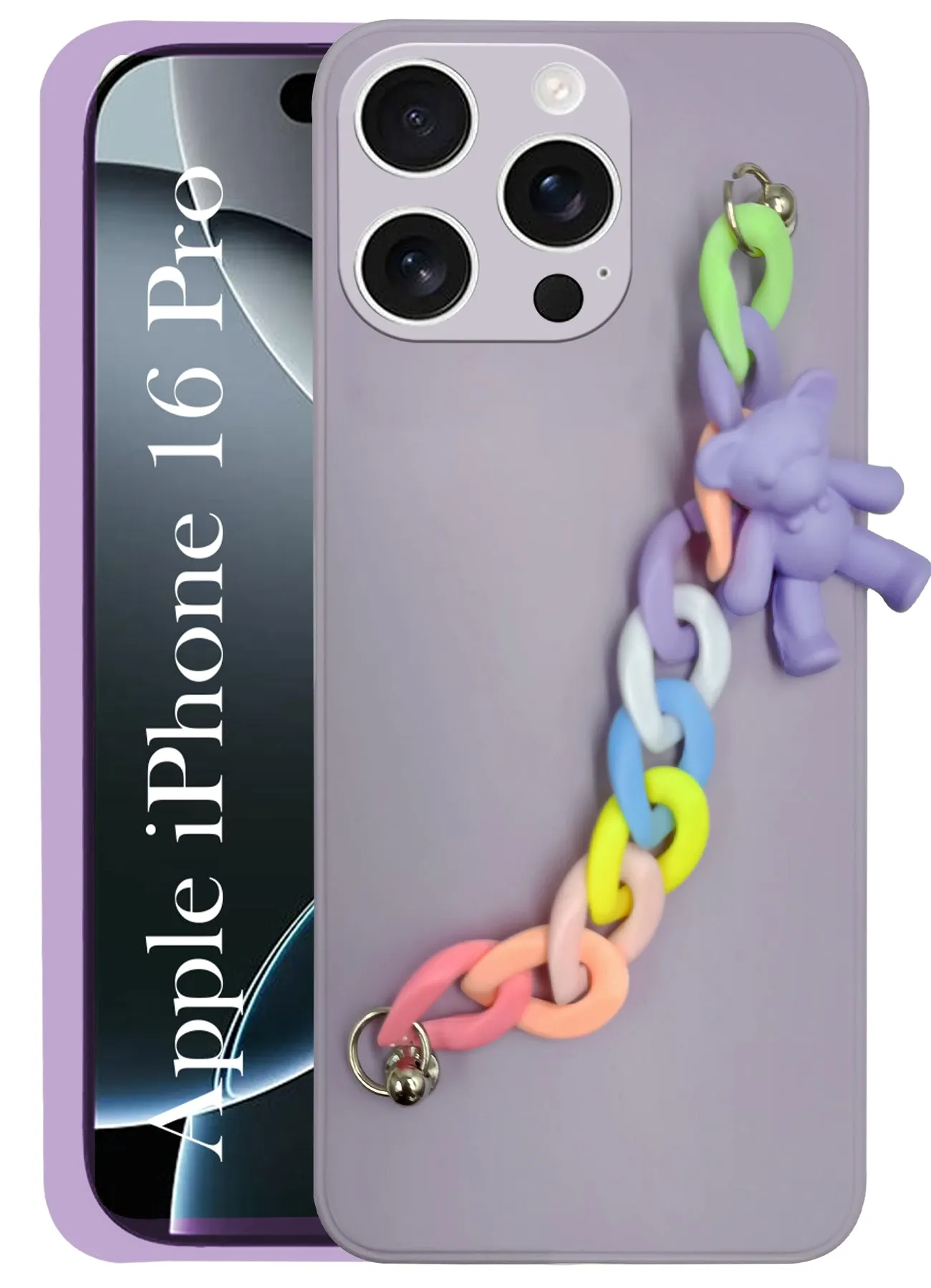 Comfort grip design Smooth Surface For Apple iPhone 16 Pro Girls Case Cover with Bracelet (Wrist Hanging Chain | Teddy Toy Cartoon)