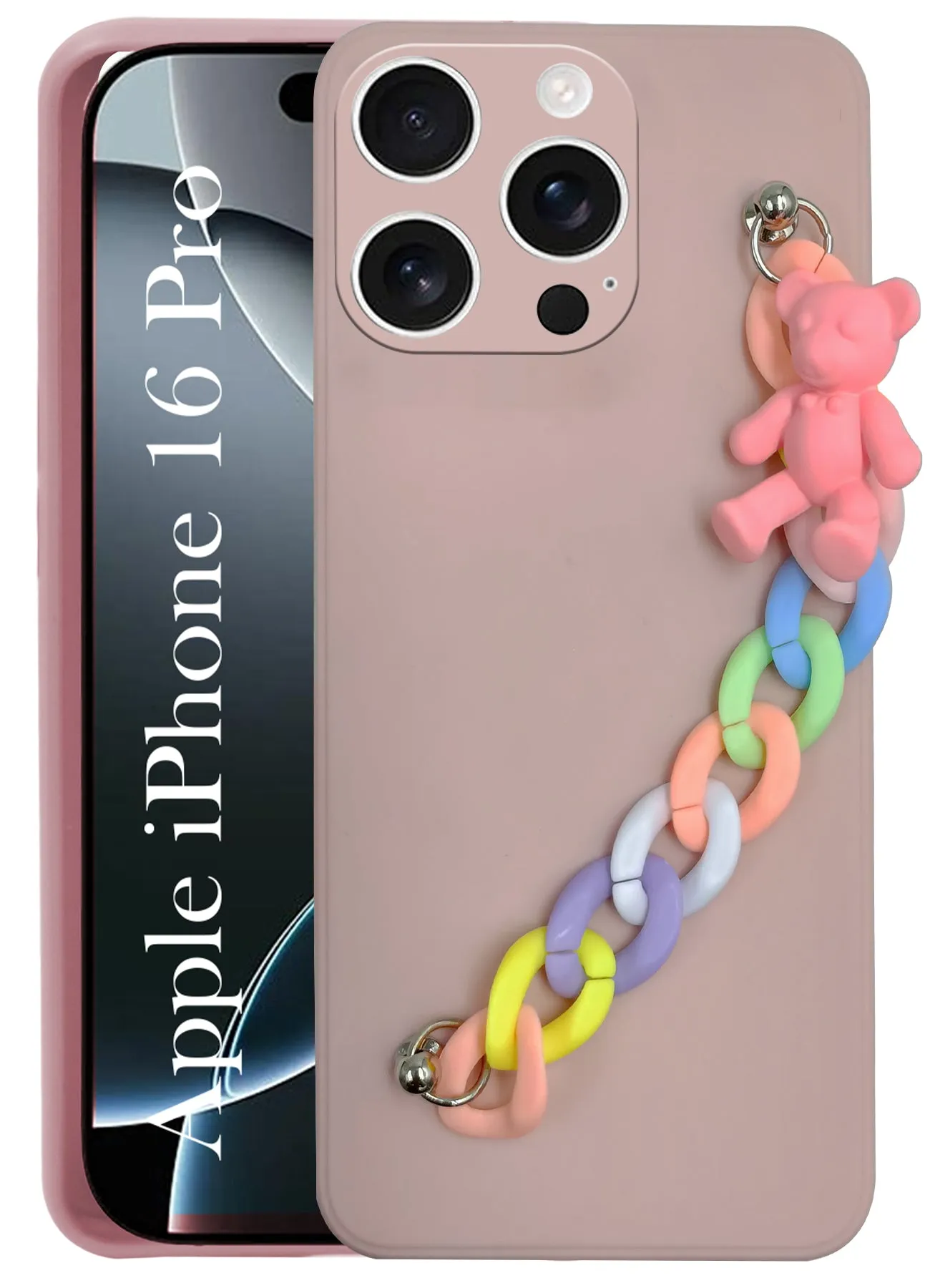 Soft Texture Refined Craftsmanship For Apple iPhone 16 Pro Girls Case Cover with Bracelet (Wrist Hanging Chain | Teddy Toy Cartoon)