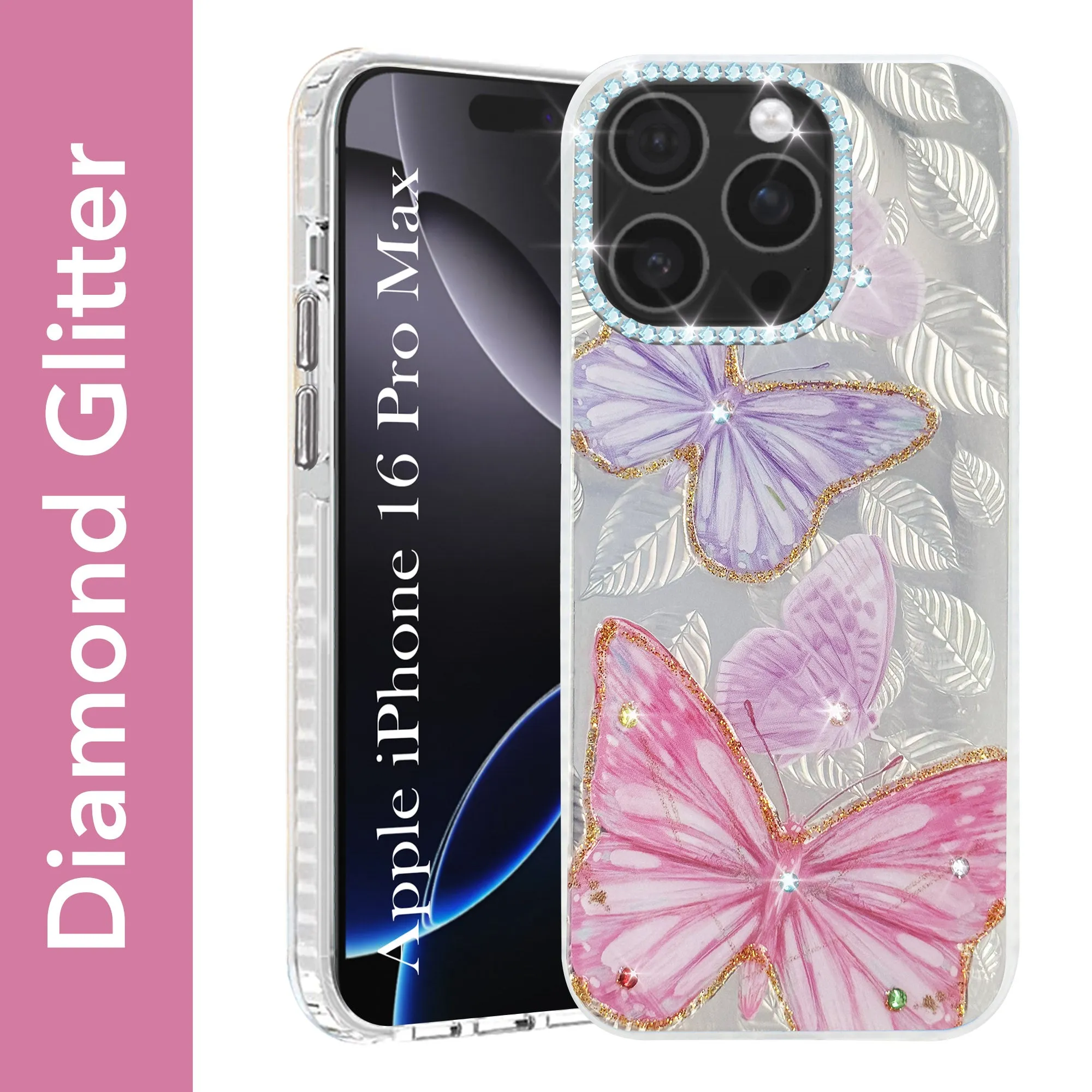 Handcrafted Design For Apple iPhone 16 Pro Max Back Cover Case (Luxury Floral Glitter Cute Butterfly | Diamond Studded Camera Bump | Girls & Women Design)