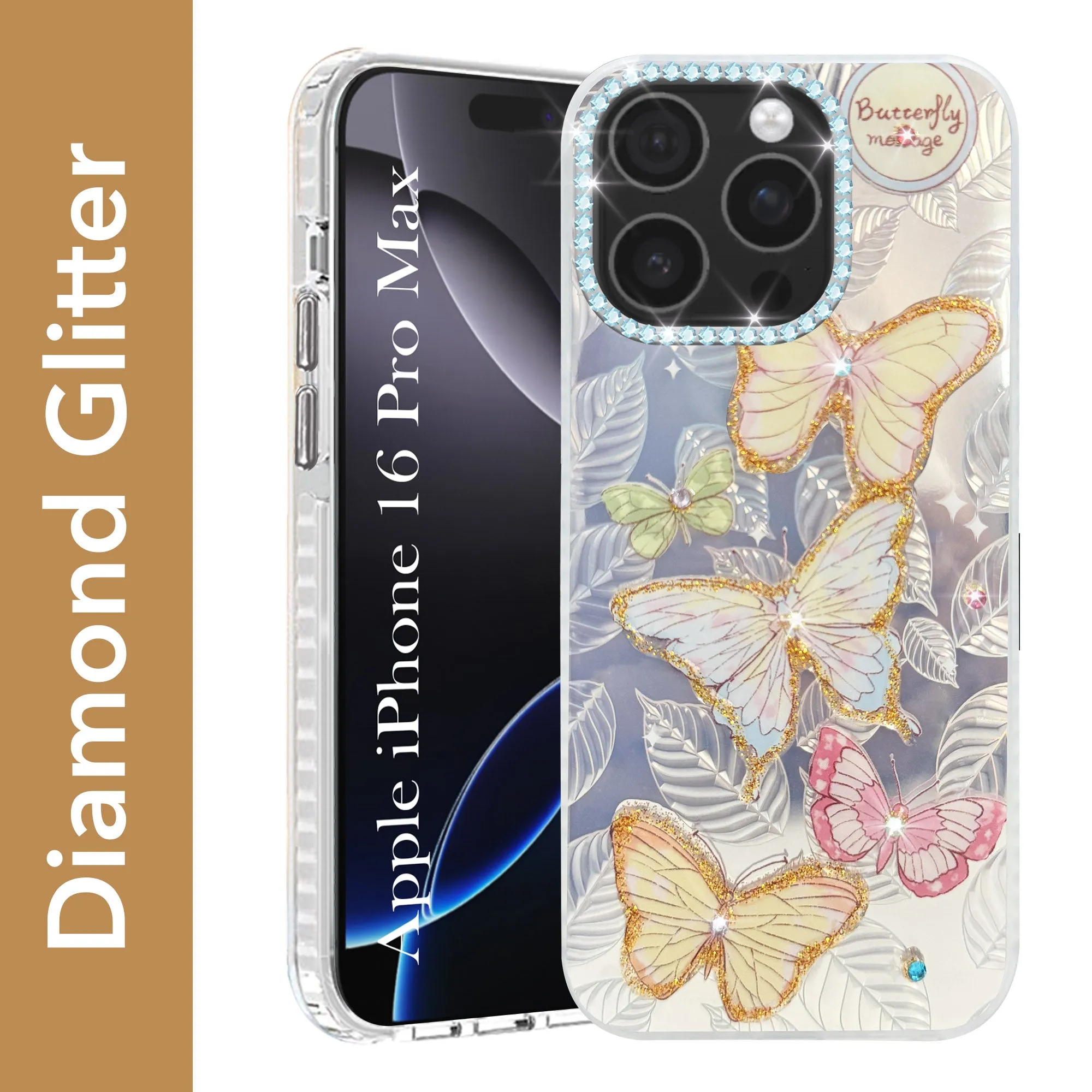 Modern Grip Design For Apple iPhone 16 Pro Max Back Cover Case (Luxury Floral Glitter Cute Butterfly | Diamond Studded Camera Bump | Girls & Women Design)