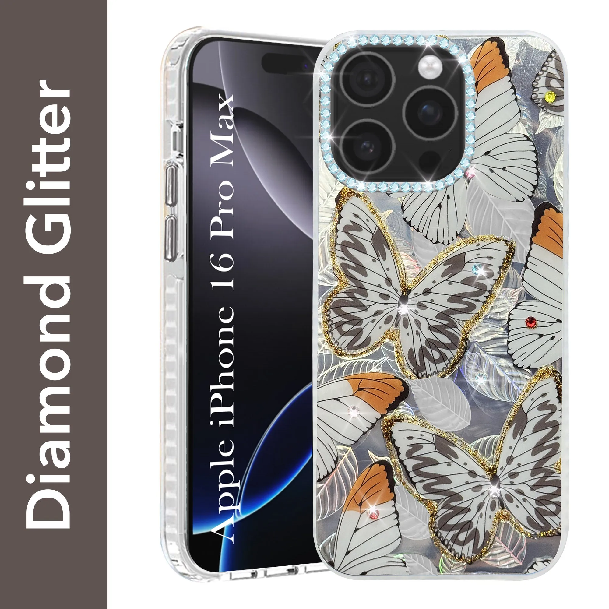 Waterproof Design For Apple iPhone 16 Pro Max Back Cover Case (Luxury Floral Glitter Cute Butterfly | Diamond Studded Camera Bump | Girls & Women Design)