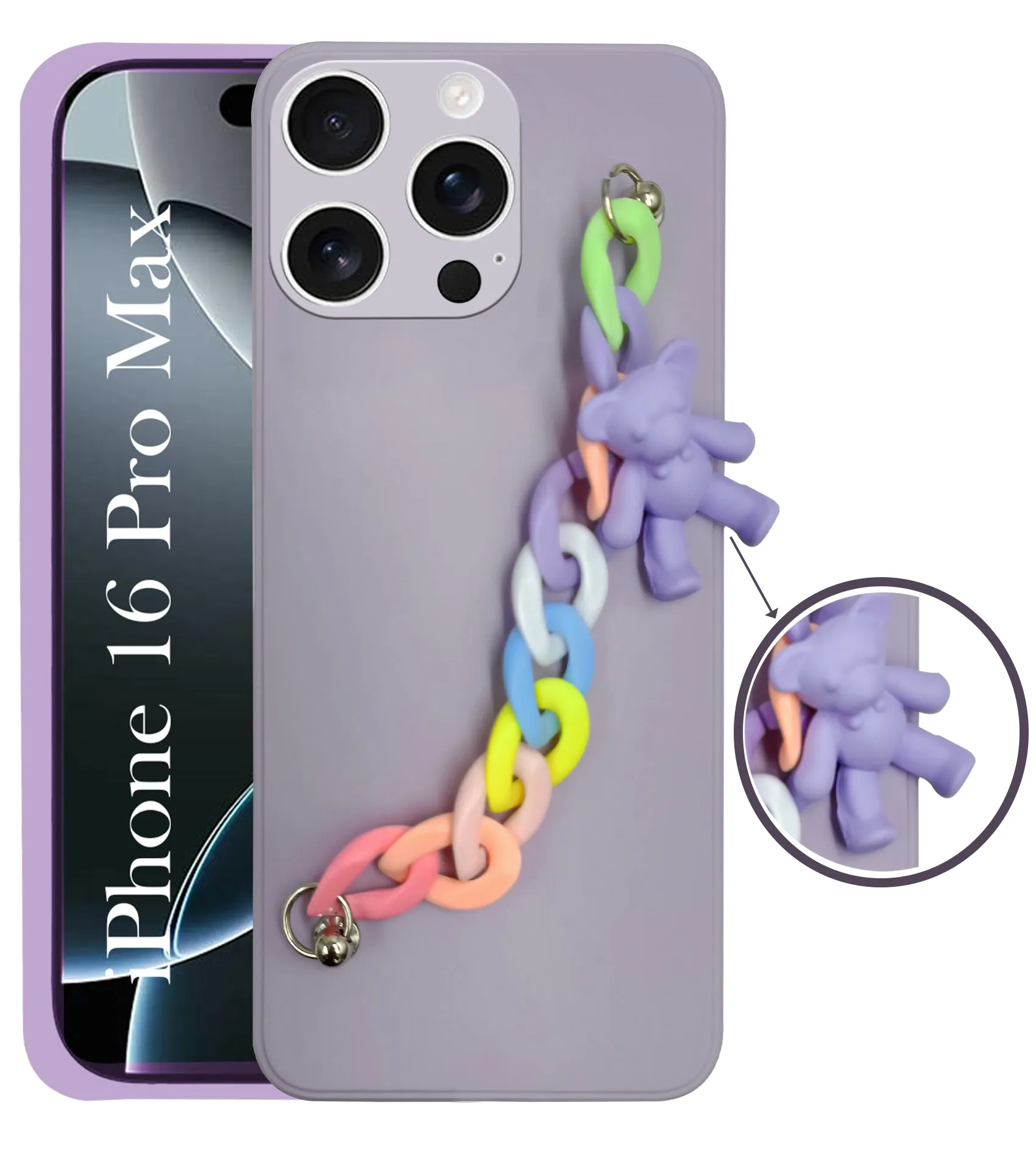 For Apple iPhone 16 Pro Max Girls Case Cover with Bracelet (Wrist Hanging Chain | Teddy Toy Cartoon) Printed Artwork Daily Durability