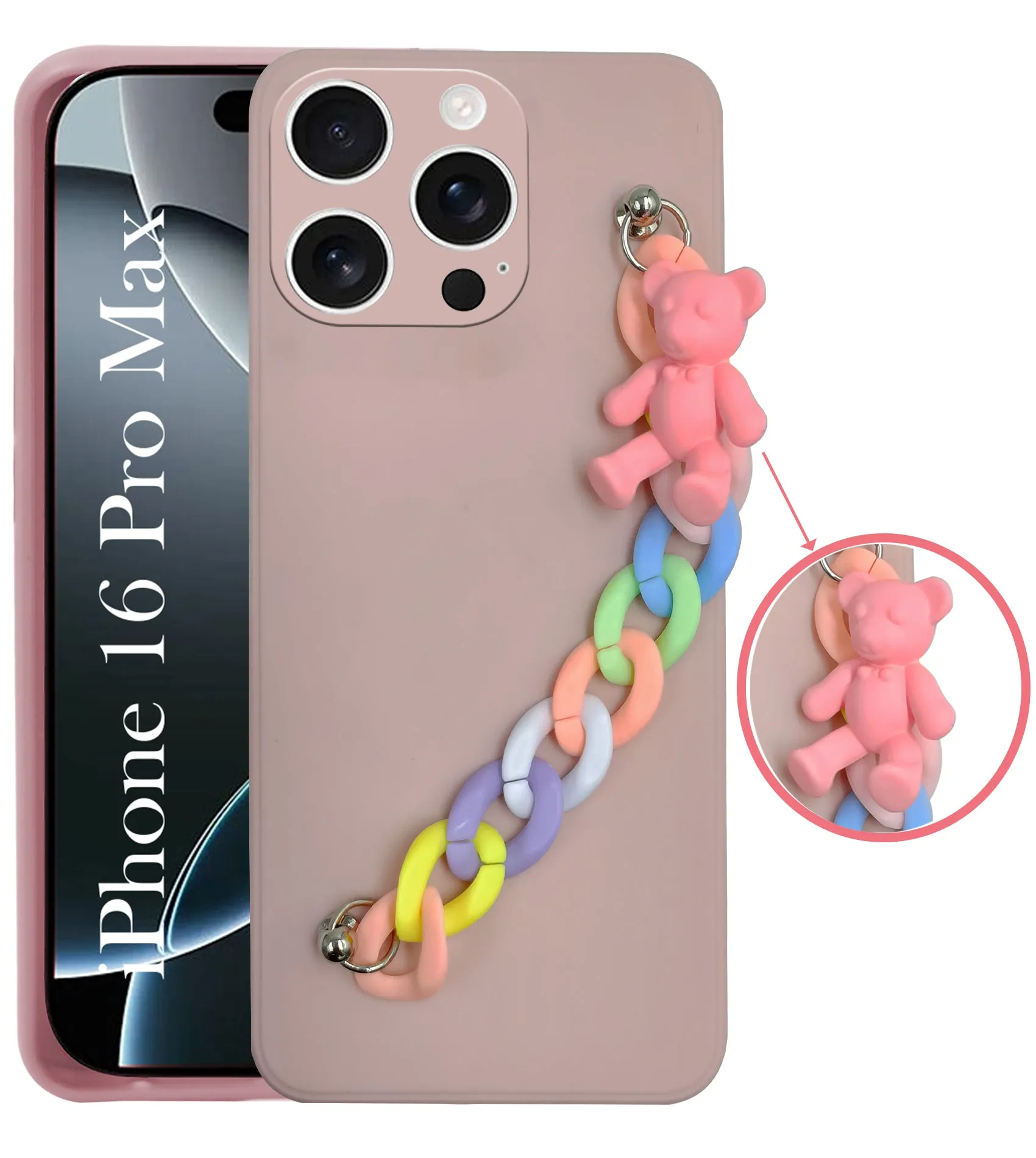 For Apple iPhone 16 Pro Max Girls Case Cover with Bracelet (Wrist Hanging Chain | Teddy Toy Cartoon) Shockproof Edge