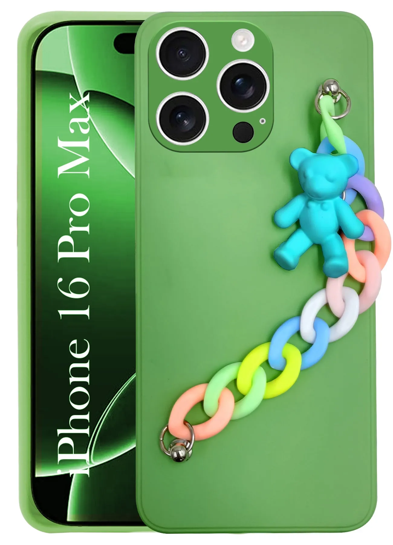 Matte Detail For Apple iPhone 16 Pro Max Girls Case Cover with Bracelet (Wrist Hanging Chain | Teddy Toy Cartoon)