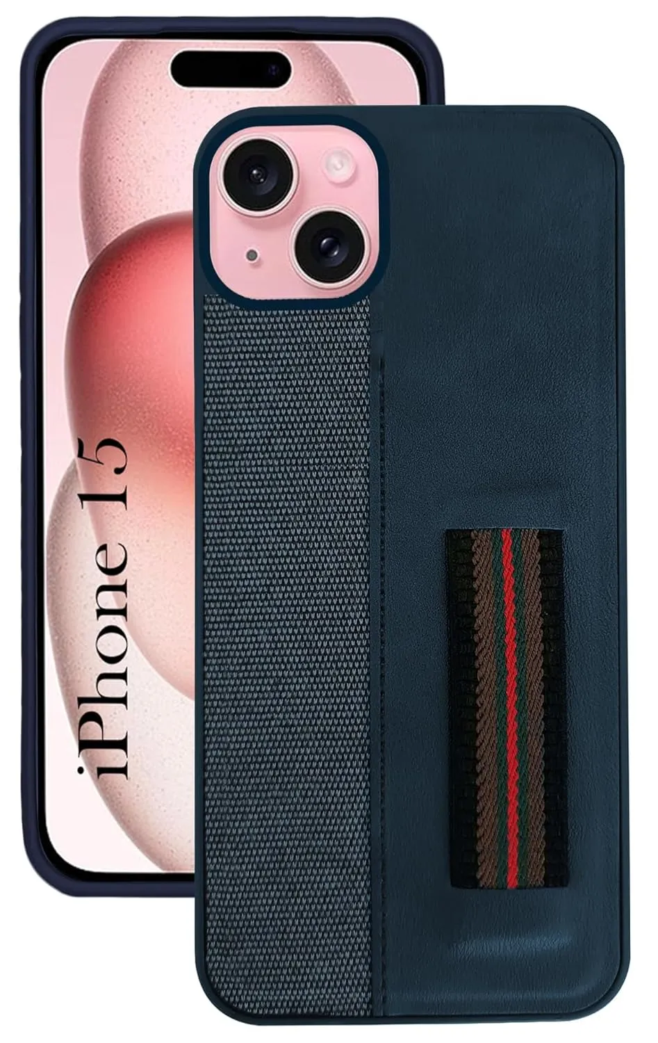 For iPhone 15 Back Cover Case (Professional PU Leather | Strip Chain Holder Socket) Matte Shield Metal Texture