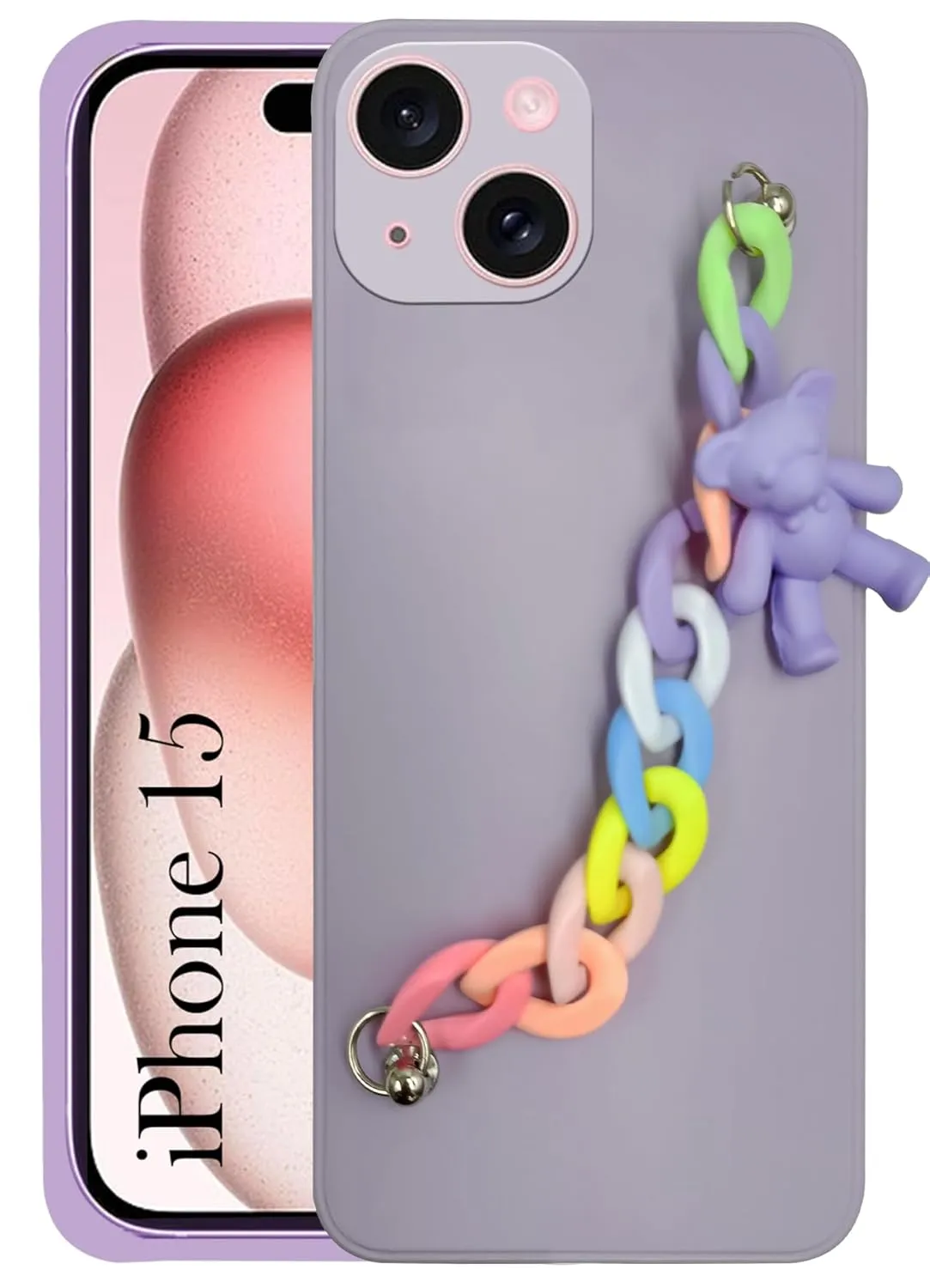 For iPhone 15 Back Cover for Girls (Wrist Hanging Chain | Teddy Toy Cartoon | with Bracelet) Color Gradient