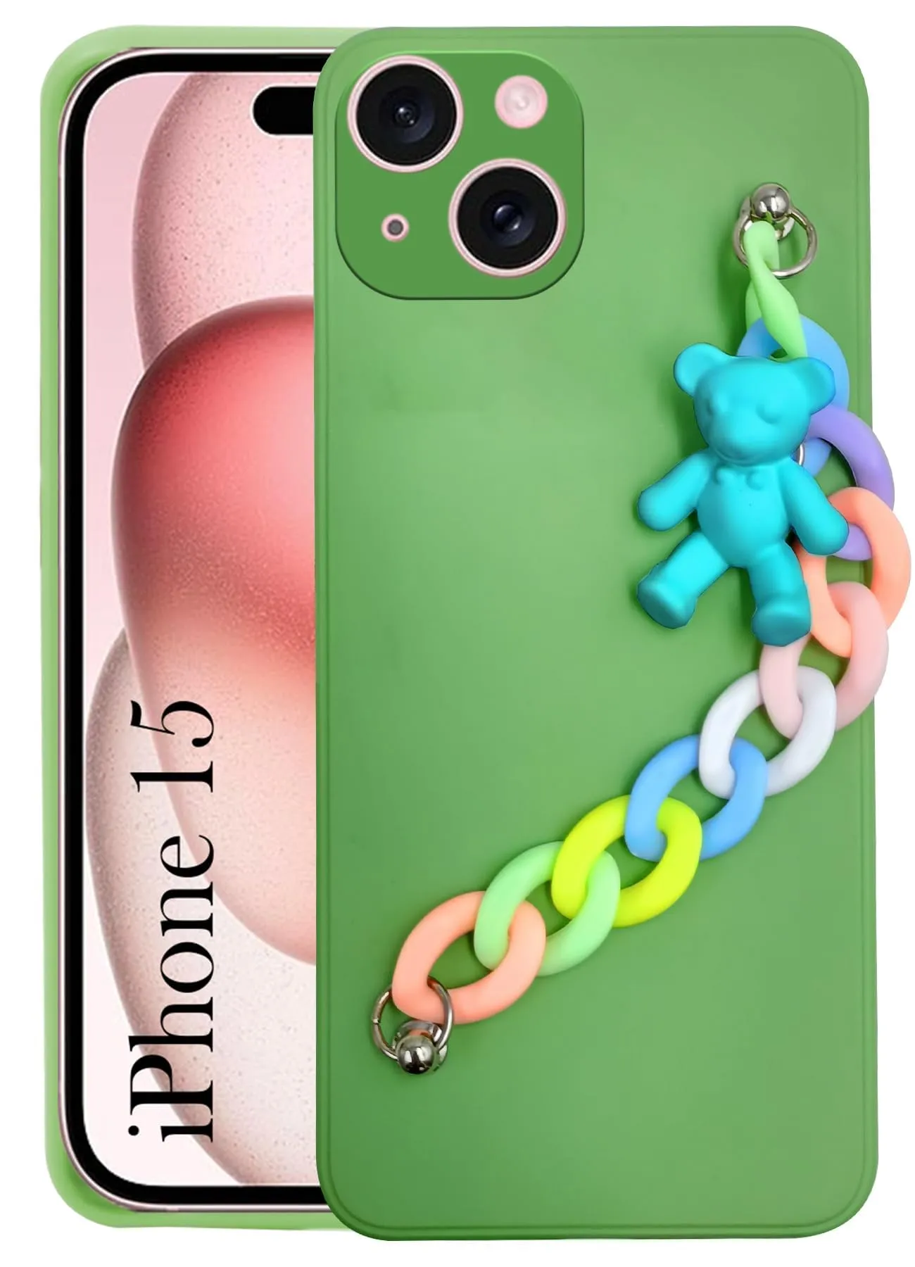 For iPhone 15 Back Cover for Girls (Wrist Hanging Chain | Teddy Toy Cartoon | with Bracelet) Comfort Texture