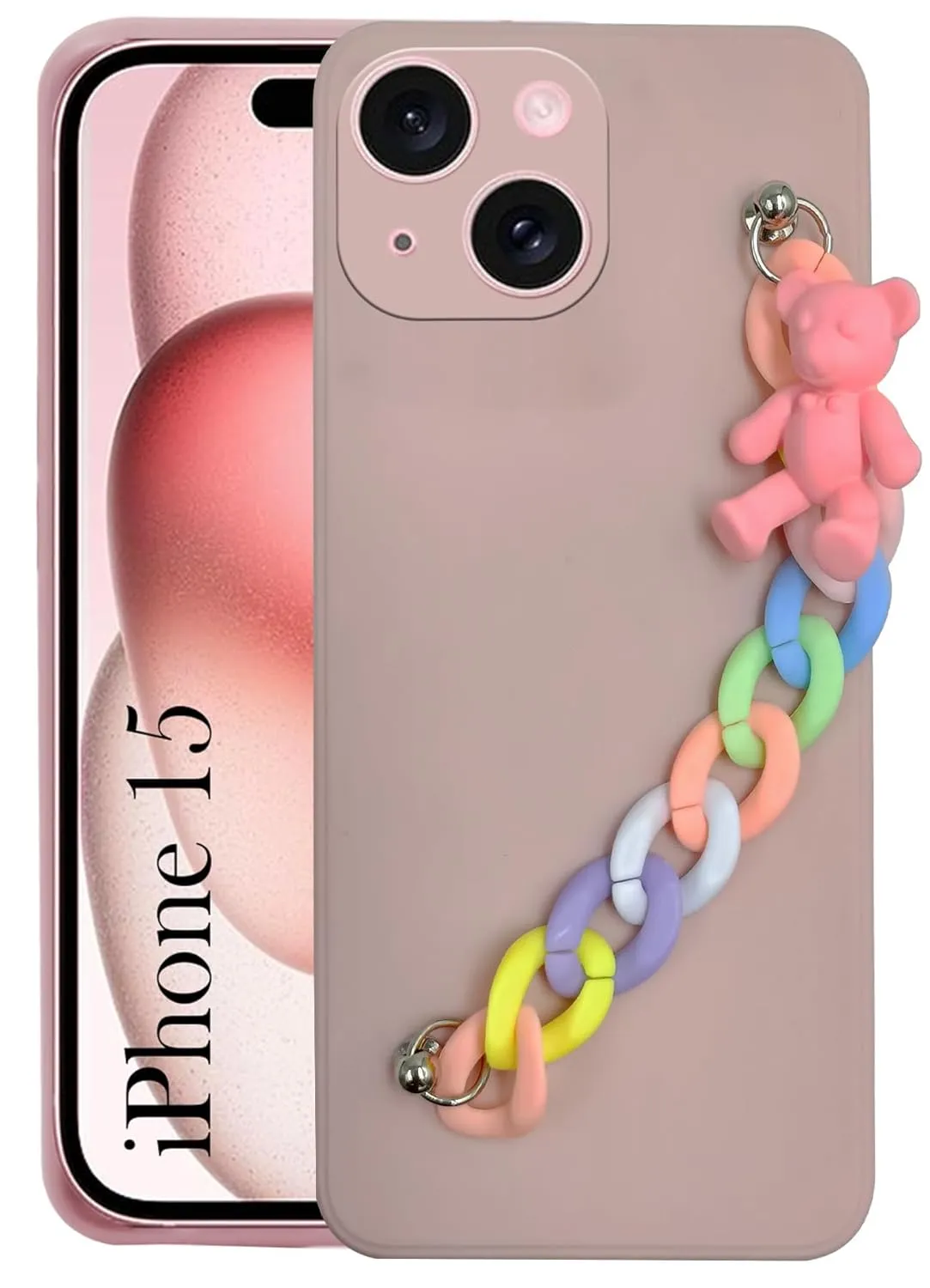 For iPhone 15 Back Cover for Girls (Wrist Hanging Chain | Teddy Toy Cartoon | with Bracelet) Outdoor Adventure