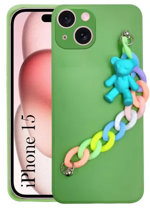 For iPhone 15 Back Cover for Girls (Wrist Hanging Chain | Teddy Toy Cartoon | with Bracelet) Comfort Texture