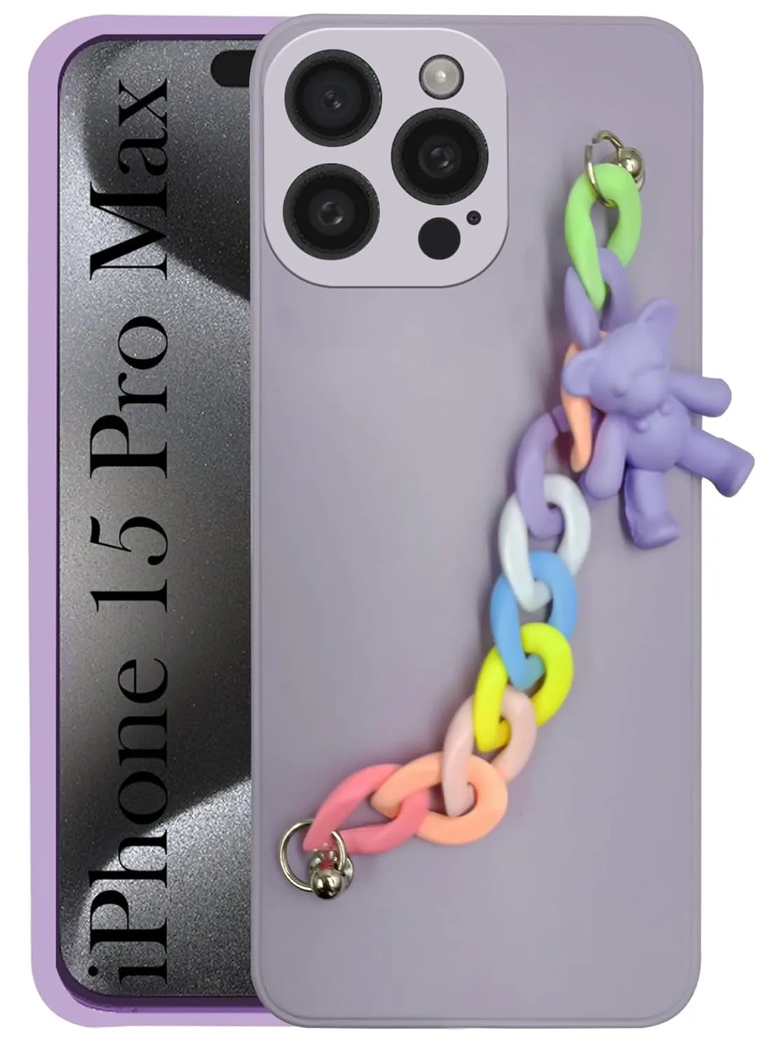 For iPhone 15 Pro Max Back Cover for Girls Case with Bracelet (Wrist Hanging Chain | Teddy Toy Cartoon) Vivid Texture