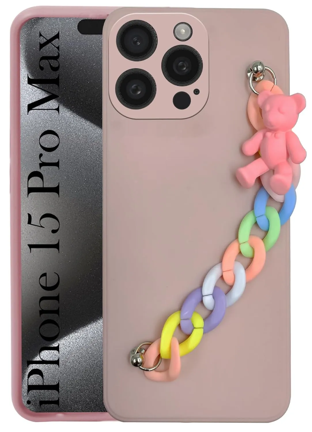 For iPhone 15 Pro Max Back Cover for Girls Case with Bracelet (Wrist Hanging Chain | Teddy Toy Cartoon) Elegant Build Texture