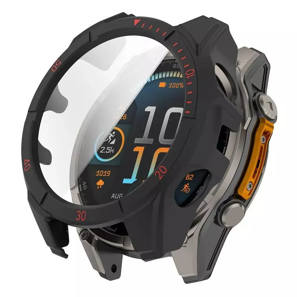 Garmin Fenix 8 - 47mm AMOLED Hard Case with Glass (Black/Red) Edge Shield