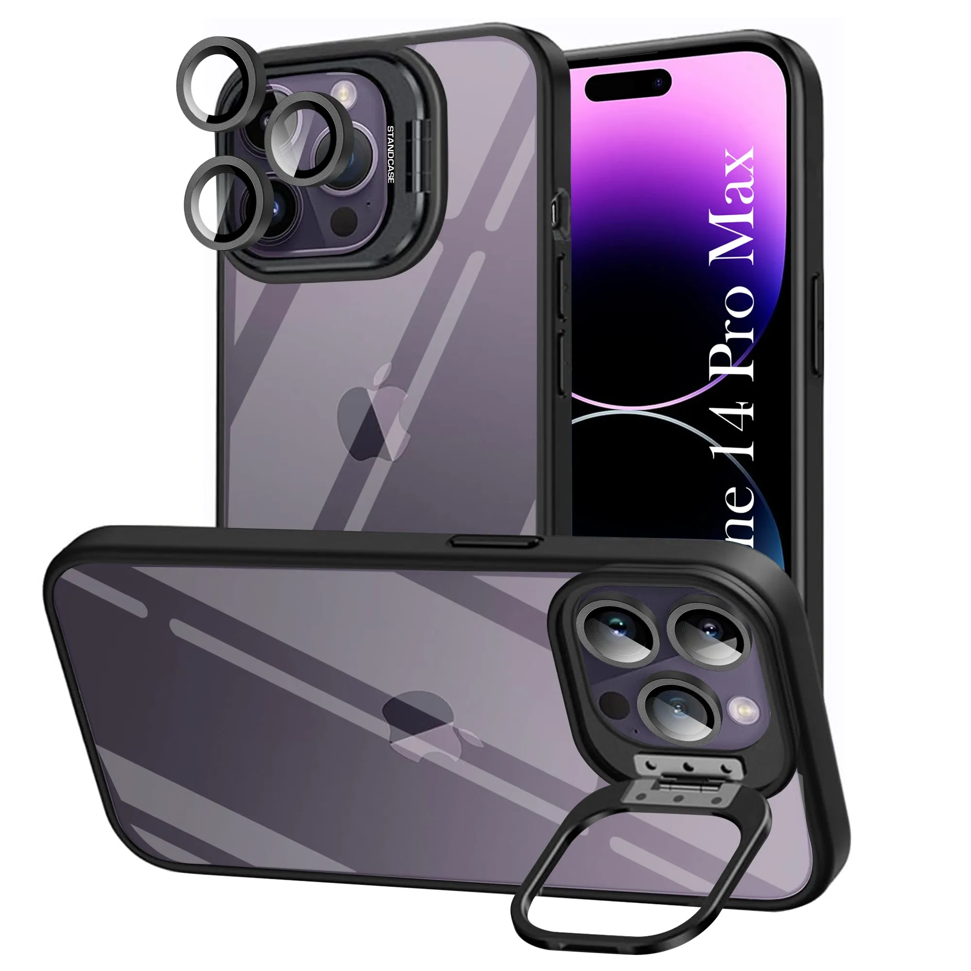 For Apple iPhone 14 Pro Max Back Cover Case (Camera Lens Glass | Metal Stand Holder | Shockproof Hybrid | Anti Yellow |) Premium Surface Matte Build