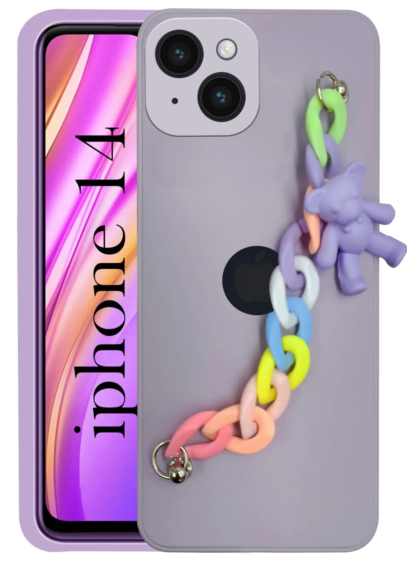 Matte Layer For Apple iPhone 14 Back Cover Girls Case with Bracelet (Wrist Hanging Chain | Teddy Toy Cartoon)