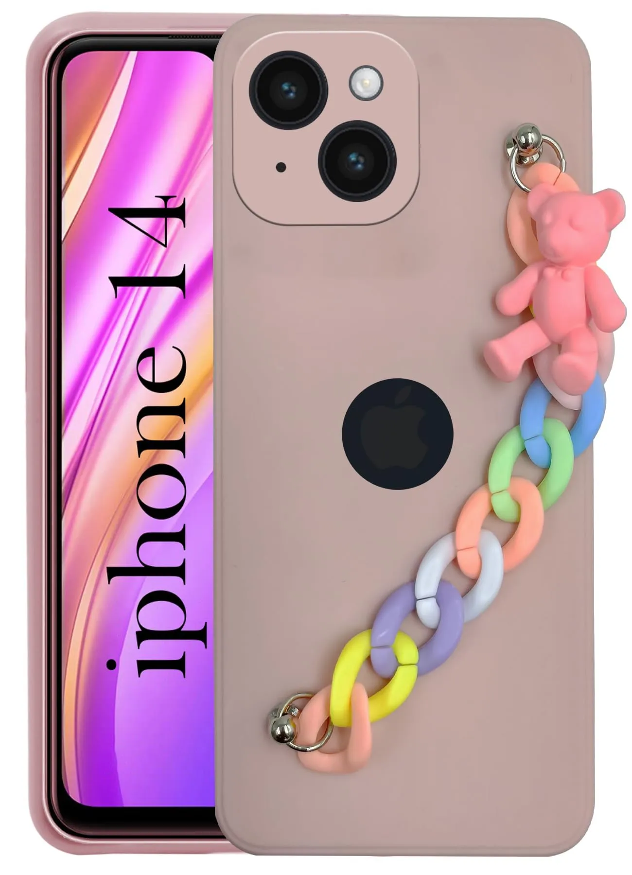 Fashion Choice Flexible Shell For Apple iPhone 14 Back Cover Girls Case with Bracelet (Wrist Hanging Chain | Teddy Toy Cartoon)