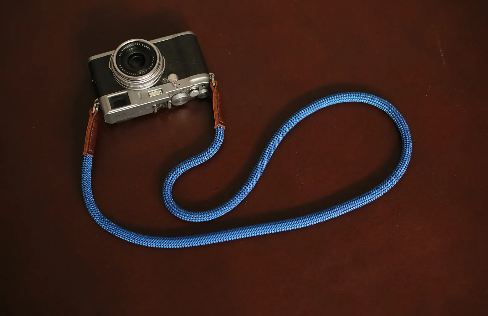 Kid User Handmade Blue/Black Speck Rope Camera Strap ?C Tan Leather Ends | windmup