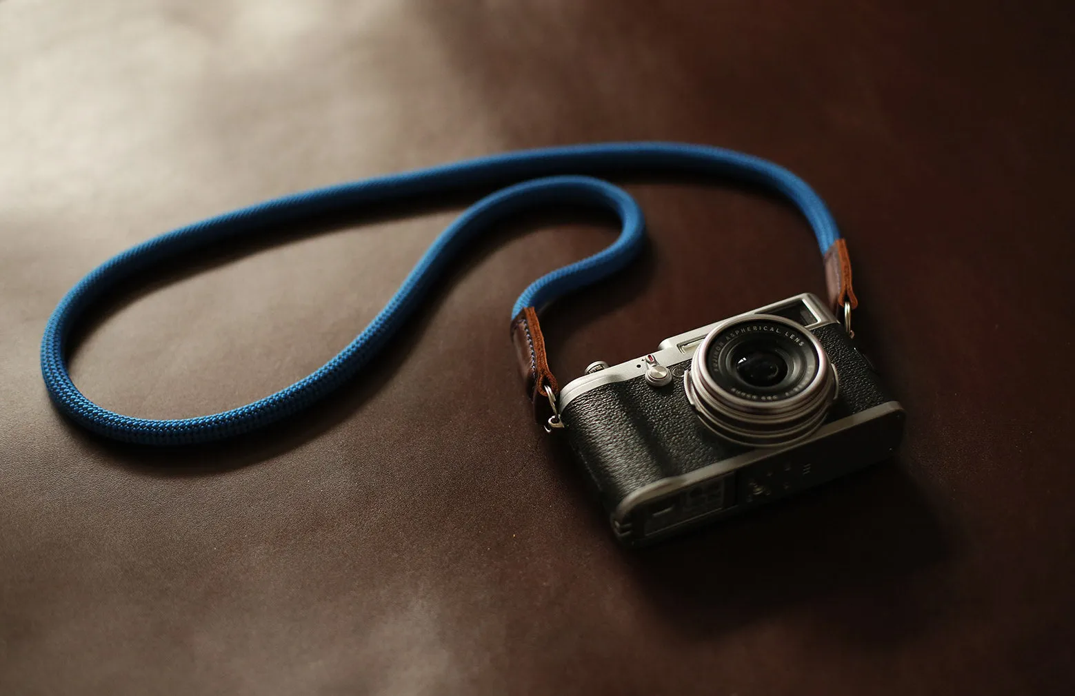 Handmade Blue/Black Speck Rope Camera Strap ?C Tan Leather Ends | windmup Mobile Friendly Band Phone Safety