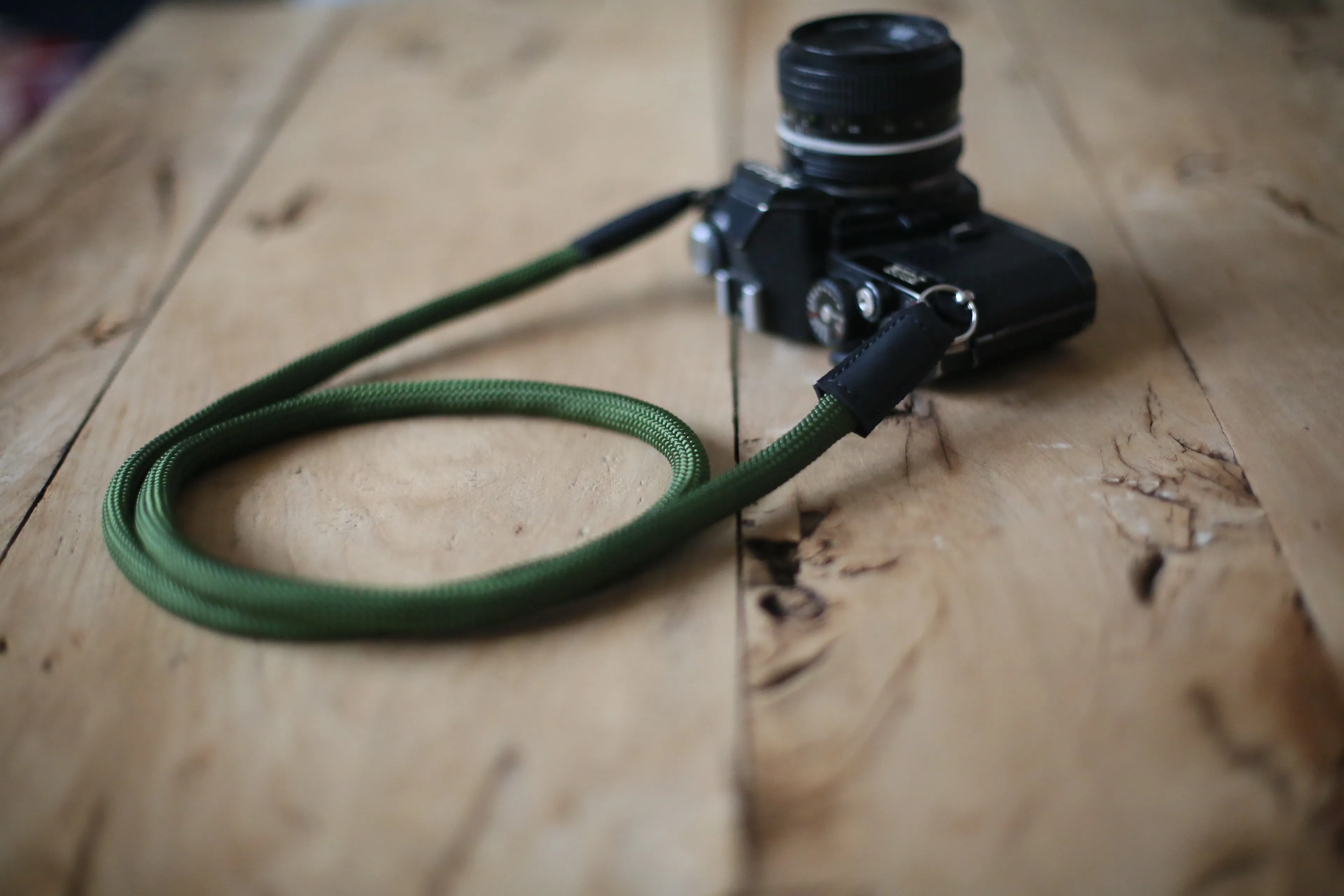 Handmade Camera Strap Army green climbing rope black Leather E |windmup.com Phone Security Cycling Band