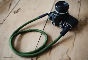 Handmade Camera Strap Army green climbing rope black Leather E |windmup.com Hiking