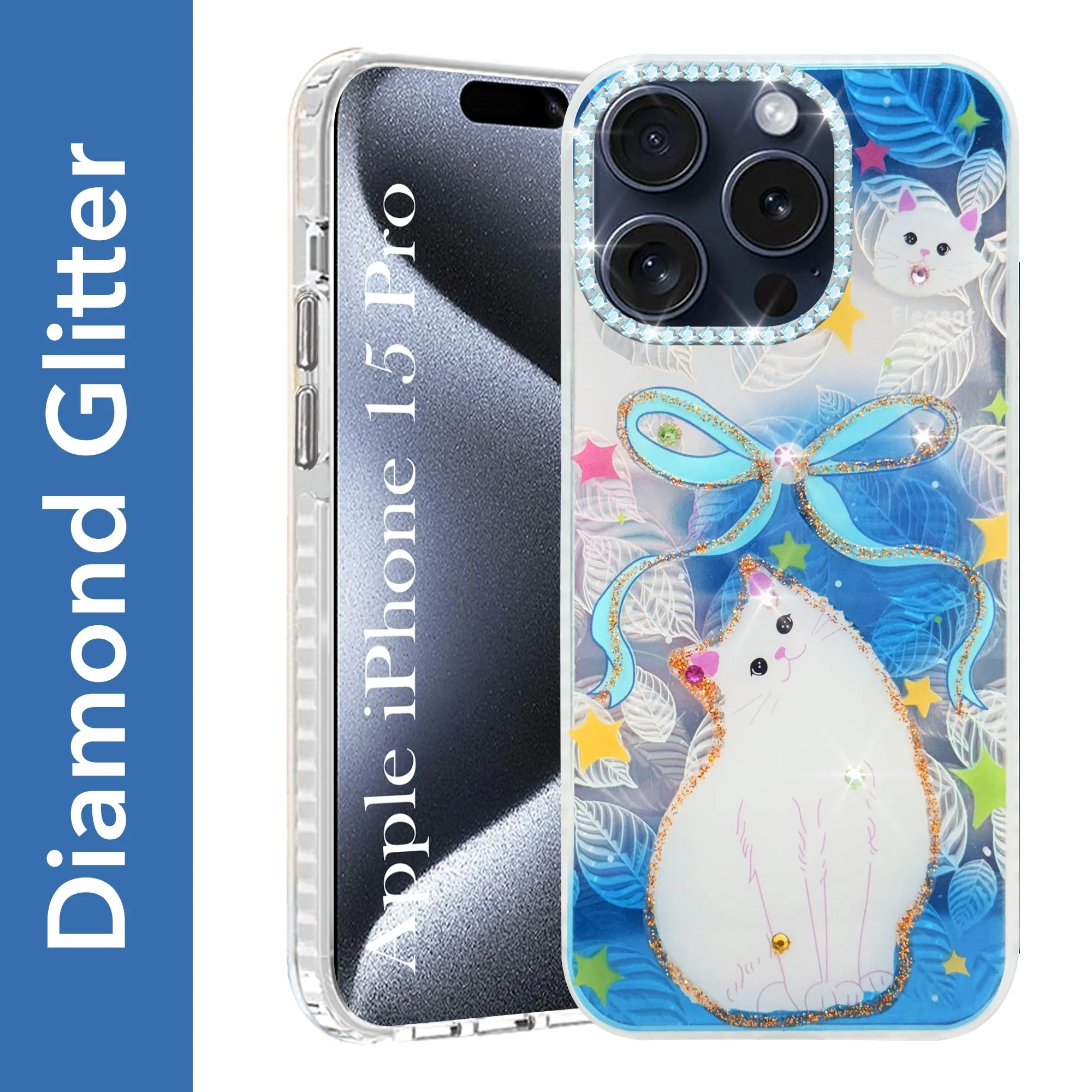 For Apple iPhone 15 Pro Back Cover Case (Luxury Floral Glitter Cute Butterfly | Diamond Studded Camera Bump | Girls & Women Design) Shockproof Frame Easy Grip