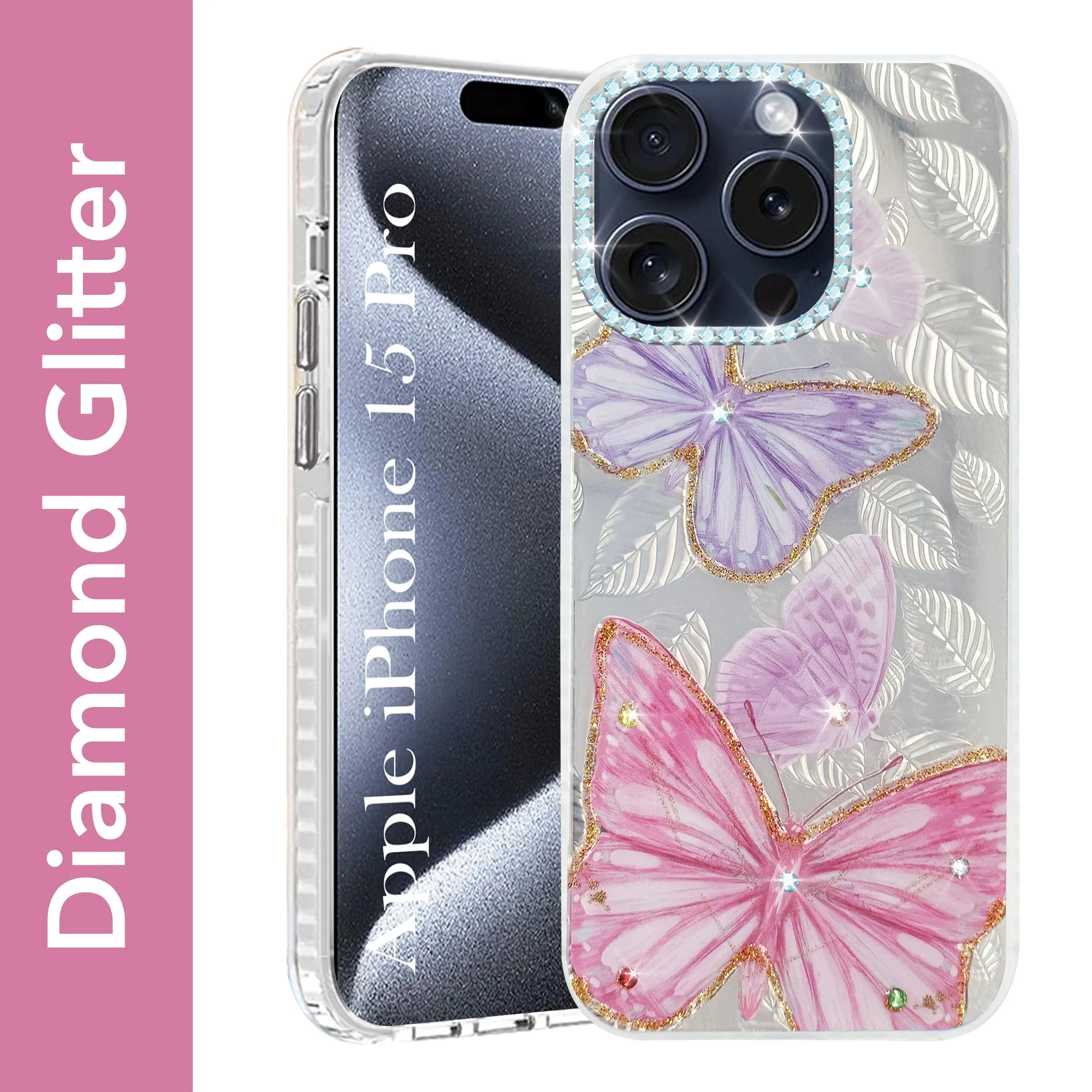 For Apple iPhone 15 Pro Back Cover Case (Luxury Floral Glitter Cute Butterfly | Diamond Studded Camera Bump | Girls & Women Design) Minimal Detail