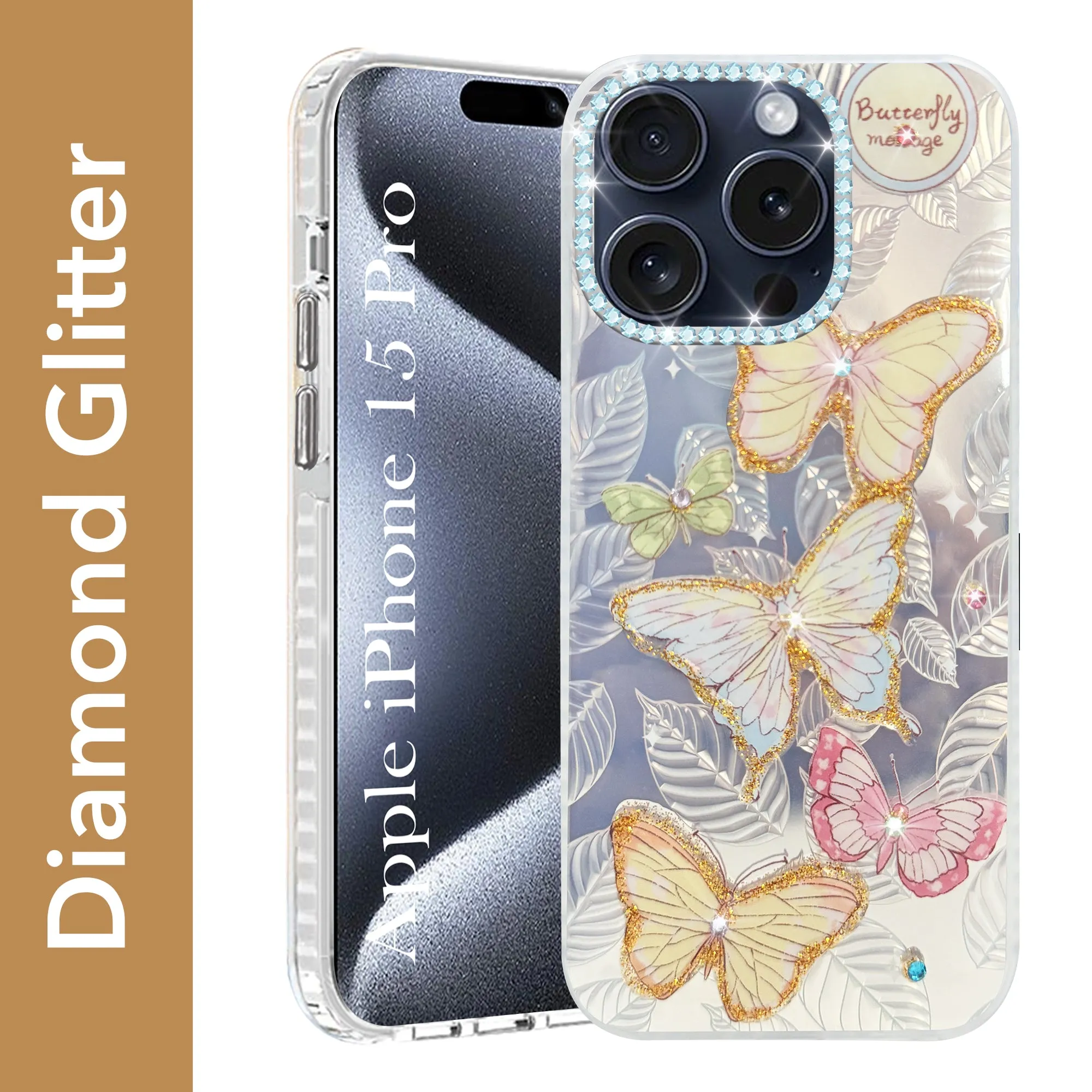 For Apple iPhone 15 Pro Back Cover Case (Luxury Floral Glitter Cute Butterfly | Diamond Studded Camera Bump | Girls & Women Design) Elegant Finish Design