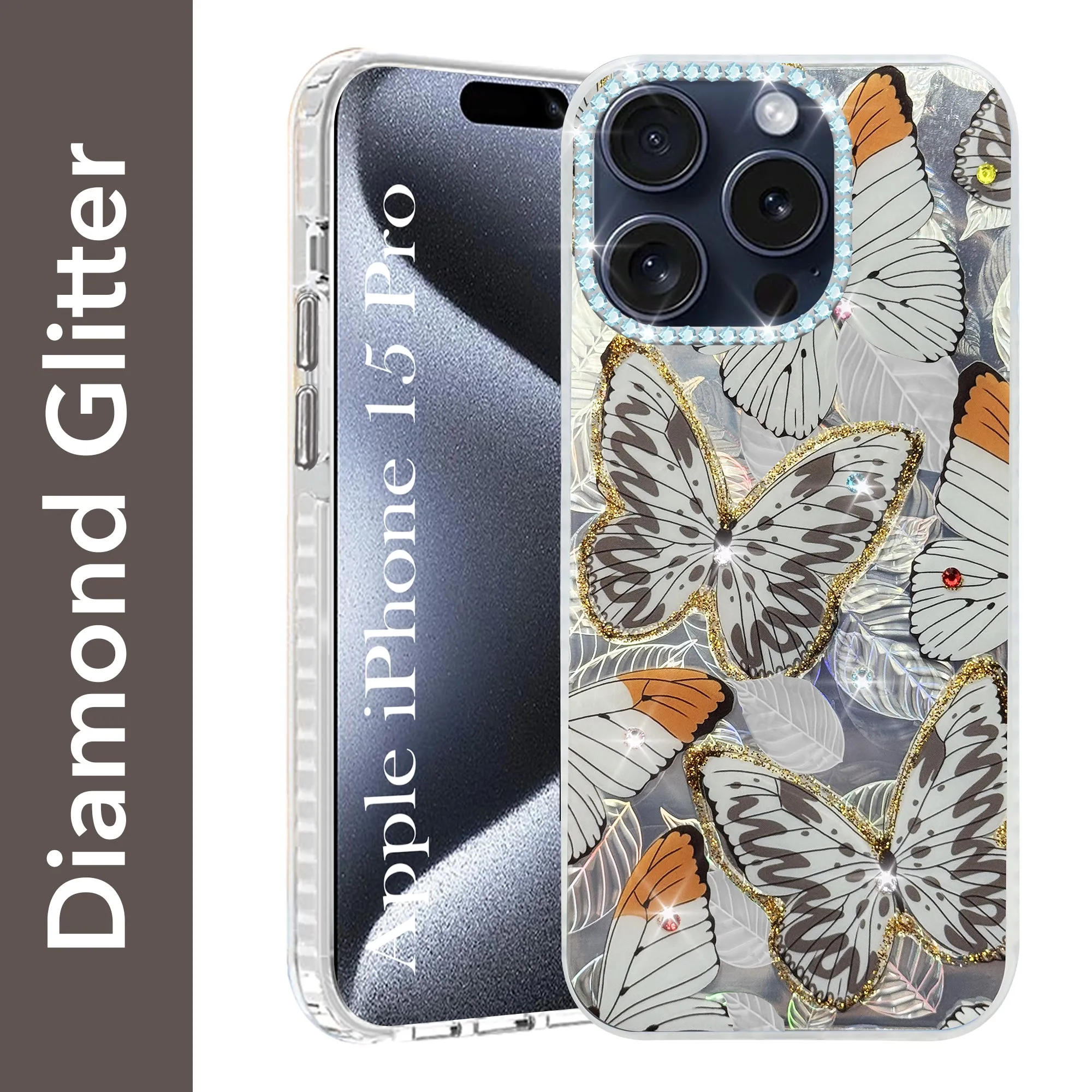 Rugged Frame Design Durable structure For Apple iPhone 15 Pro Back Cover Case (Luxury Floral Glitter Cute Butterfly | Diamond Studded Camera Bump | Girls & Women Design)