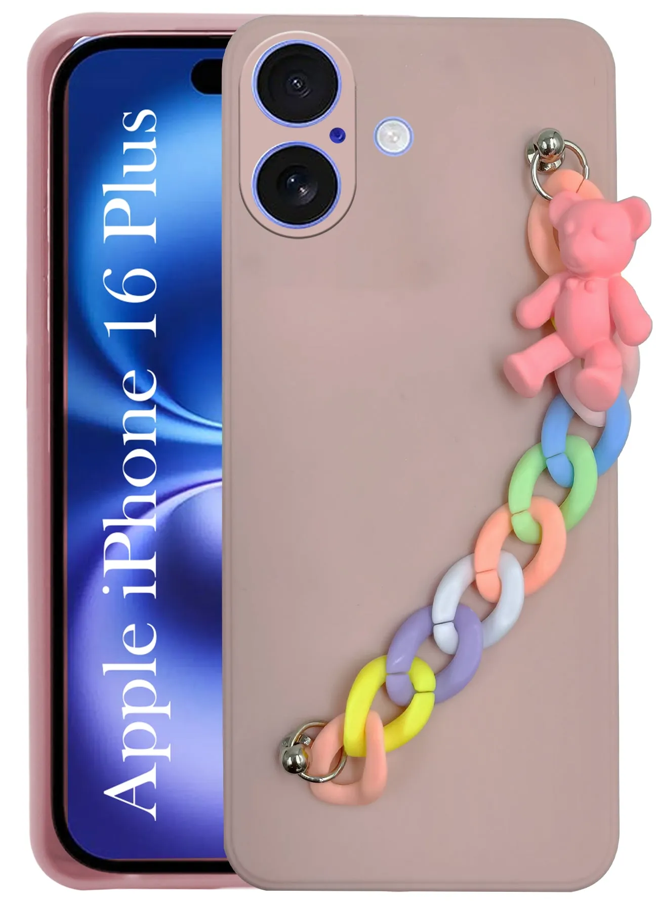 Durable Build Slim Feel For Apple iPhone 16 Plus Girls Case Cover with Bracelet (Wrist Hanging Chain | Teddy Toy Cartoon)