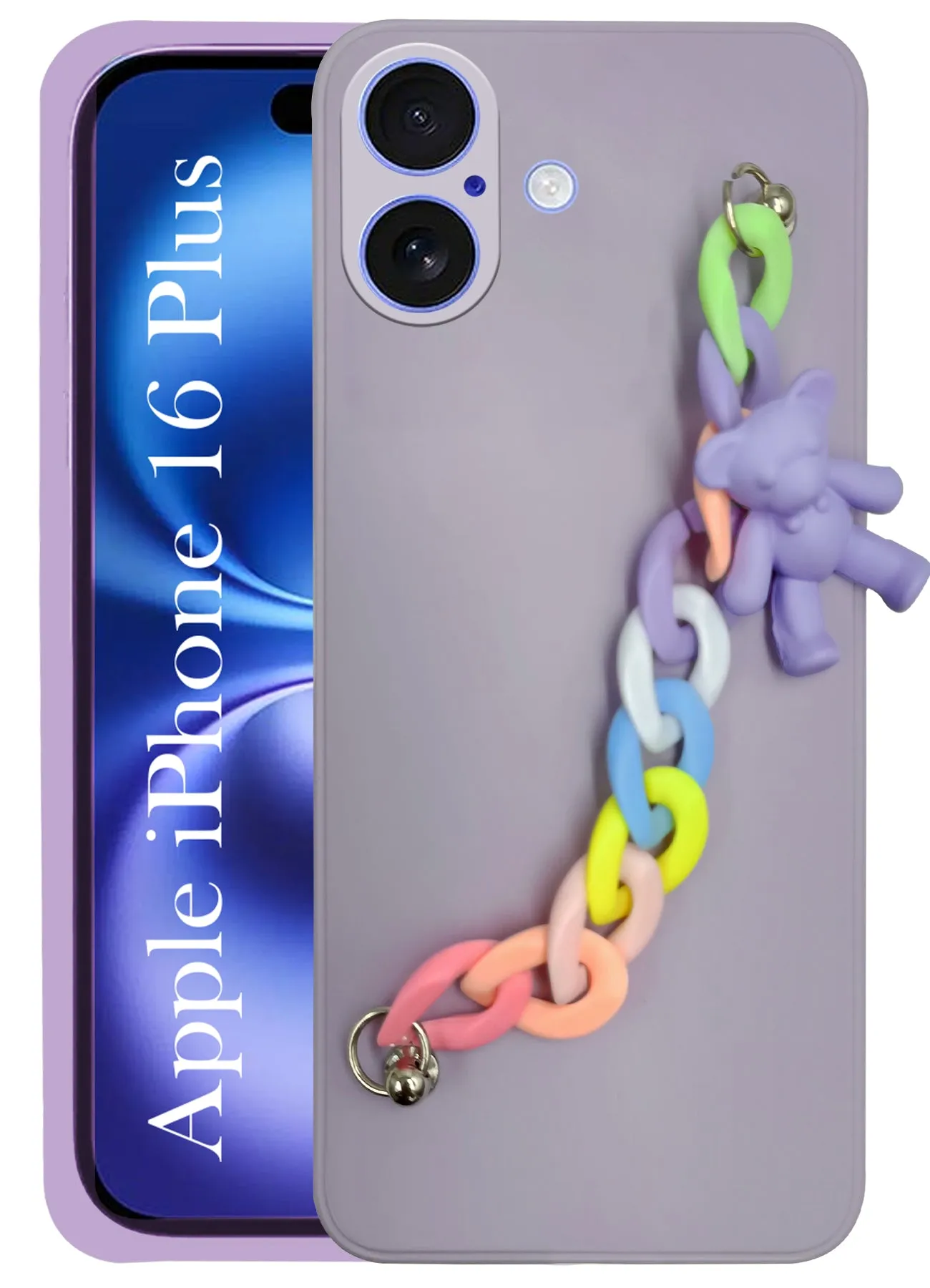 For Apple iPhone 16 Plus Girls Case Cover with Bracelet (Wrist Hanging Chain | Teddy Toy Cartoon) Portable Layer Modern Pattern Layer