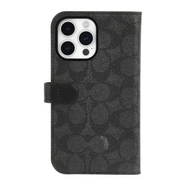 iPhone 15 Pro Coach Folio Signature C Case - Charcoal Soft Surface Strong Frame