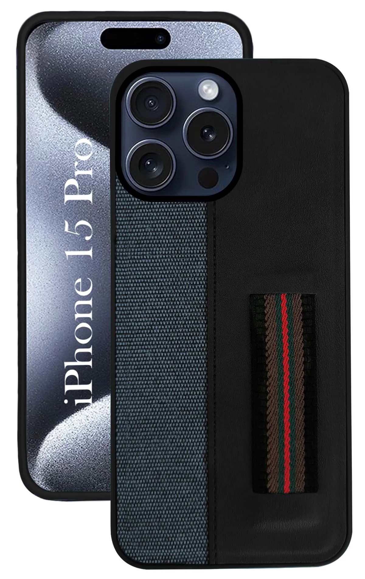 For iPhone 15 Pro Back Cover Case (Professional PU Leather | Strip Chain Holder Socket) Ultra Slim Luxury Accent