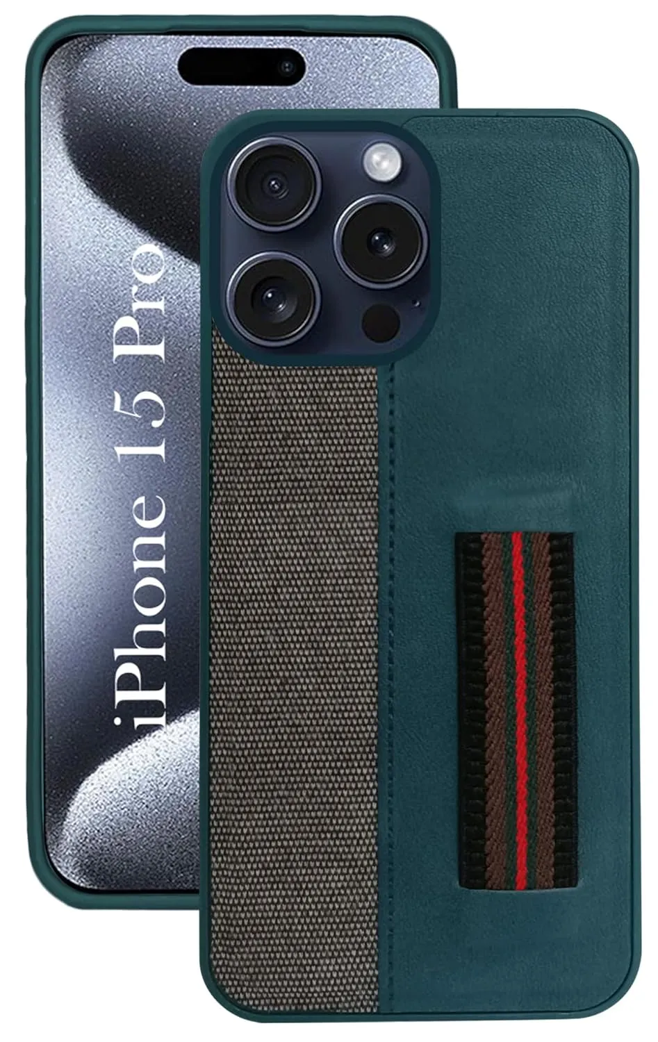 Strong Surface For iPhone 15 Pro Back Cover Case (Professional PU Leather | Strip Chain Holder Socket)