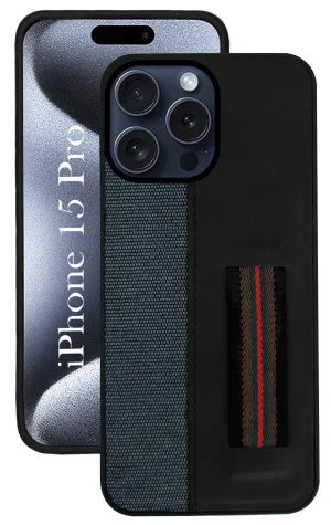For iPhone 15 Pro Back Cover Case (Professional PU Leather | Strip Chain Holder Socket) Ultra Slim Luxury Accent